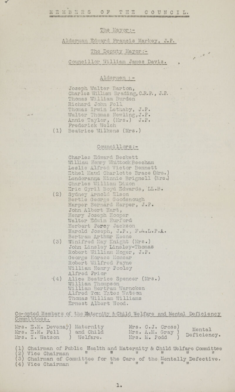 MEMBERS OF THE COUNCIL. The Mayor: Alderman Edward Francis Markey, J.P. The Deputy Mayor: Councillor William James Davis. Aldermen:- Joseph Walter Barton, Charles William Brading, C.R.P., J.P. . Thomas William Burden Richard John Fell. Thomas Irwin Lethaby, J.P. Walter Thomas Newling,J.P. Annie Taylor, (Mrs.) J.P. Frederick Welch (1) Beatrice Wilkens (Mrs.) Councillors:- Charles Edward Beckett William Henry Whittock Beecham Leslie Alfred Victor Bennett Ethel Maud Charlotte Brace (Mrs.) Lendoranna Minnie Brignell (Mrs.) Charles William Dixon Eric Cyril Boyd Edwards, LL.B. (2) Sydney Arnold Elson Bertie George Goodenough Harper Bernard Harper, J.P. John Albert Hart, Henry Joseph Hooper Walter Edwin Hurford Herbert Percy Jackson Harold Joseph, J.P., F.A.L.P.A. Bertram Arthur Keene (3) Winifred May Knight (Mrs.) John Linsley Linsley-Thomas Robert William Moger, J.P. George Horace Moncar Robert Wilfred Payne William Henry Pooley Alfred Prior (4) Alice Beatrice Spencer (Mrs.) William Thompson William Bertram Warncken Alfred Tom Yates Watson Thomas William Williams Ernest Albert Wood. Co-opted Members of_ the Maternity & Child Welfare and Mental Deficiency Committees. Mrs. S.M. Devenay Maternity Mrs. C.J. Cross Mrs. E.M. Fell and Child Mrs. A.M. Gray Mrs. I. Watson Welfare. Mrs. M. Podd Mental Deficiency. (1) Chairman of Public Health and Maternity & Child Welfare Committee (2) Vice Chairman       (3) Chairman of Committee for the Care of the Mentally Defective. (4) Vice Chairman      1.