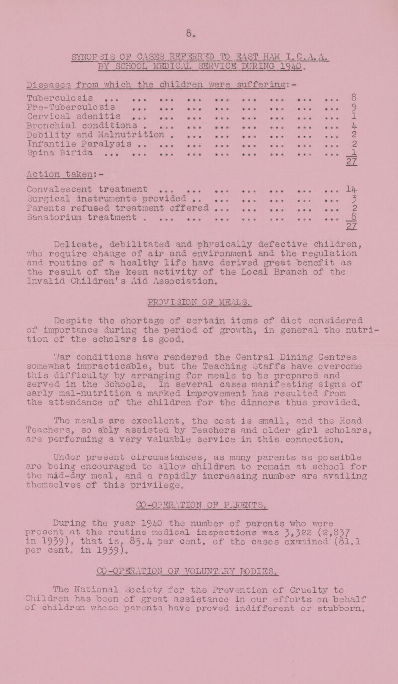 8. SYNOPSIS OF CASES REFERRED TO EAST HAM I.C.A.A. BY SCHOOL MEDICAL SERVICE DURING 1940. Diseases from which the children were suffering:- Tuberculosis 8 Pre-Tuberculosis 9 Cervical adenitis 1 Bronchial conditions 4 Debility and Malnutrition 2 Infantile Paralysis 2 Spina Bifida 1 27 Action taken:- Convalescent treatment 14 Surgical instruments provided 3 Parents refused treatment offered 2 Sanatorium treatment 8 27 Delicate, debilitated and physically defective children, who require change of air and environment and the regulation and routine of a healthy life have derived great benefit as the result of the keen activity of the Local Branch of the Invalid Children's Aid Association. PROVISION OF MEALS. Despite the shortage of certain items of diet considered of importance during the period of growth, in general the nutri tion of the scholars is good. War conditions have rendered the Central Dining Centres somewhat impracticable, but the Teaching Staffs have overcome this difficulty by arranging for meals to be prepared and served in the Schools. In several cases manifesting signs of early mal-nutrition a marked improvement has resulted from the attendance of the children for the dinners thus provided. The meals are excellent, the cost is small, and the Head Teachers, so ably assisted by Teachers and older girl scholars, are performing a very valuable service in this connection. Under present circumstances, as many parents as possible are being encouraged to allow children to remain at school for the mid-day meal, and a rapidly increasing number are availing themselves of this privilege. CO-OPERATION OF PARENTS. During the year 1940 the number of parents who were present at the routine medical inspections was 3,322 (2,857 in 1959), that is. 85.4 per cent. of the cases examined (81.1 per cent. in 1939). CO-OPERATION OF VOLUNTARY BODIES. The National Society for the Prevention of Cruelty to Children has been of great assistance in our efforts on behalf of children whose parents have proved indifferent or stubborn.