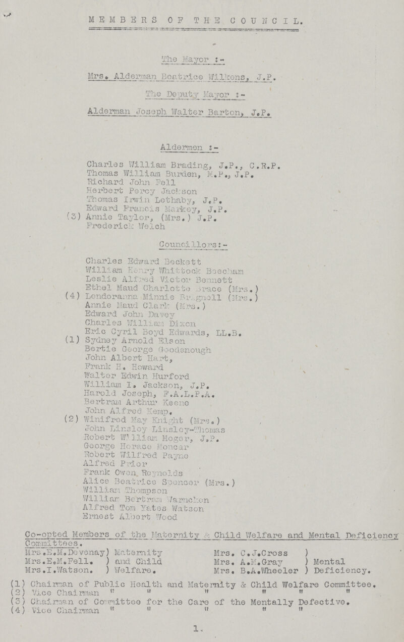 MEMBERS OF THE COUNCIL. The Mayor :- Mrs. Alderman Beatrice Wilkens, .J.P. The Deputy Mayors Alderman Joseph Walter Barton, J.P. Aldermen :- Charles William Brading, J.P., C.R.P. Thomas William Burden , M.P ., J.P. Richard John Fell Herbert Percy Jackson Thomas Irwin Lethaby, J.P. Edward Francis Markoy, J.P. (3) Annie Taylor, (Mrs.) J.P. Frederick Welch Council1ors:- Charles Edward Beckett William Henry Whit took Boecham Leslie Alfred Victor Bennett Ethel Maud Charlotte race (Mrs.) (4) Lendoranna Minnie Brignoll (Mrs.) Annie Maud Clark (Mrs.) Edward John Davey Charles Willian Dixon Eric Cyril Boyd Edwards, LL.B. (1) Sydney Arnold Els on Bertie George Goodenough John Albert Hart, Frank H. Howard Walter Edwin Plurford William I. Jackson, J.P. Harold Joseph, F.A.L.P.A. Bertram Arthur Keene John Alfred Kemp. (2) Winifred May Knight (Mrs.) John Linsloy Linsloy-Thomas Robert William Moger, J.P. George Horace Moncar Robert Wilfred Payne Alfred Prior Frank Owen Reynolds Alice Beatrice Spencer (Mr3.) Willian Thompson Williar Bertram warncken Alfred Tom Yates Watson Ernest Albert Wood Co-opted Members of the Maternity & Child Welfare and Mental Deficiency Committees. Mrs.E.M.Devenay) Maternity Mrs. C.J.Cross ) Mrs.E.M.Fell. ) and Child Mrs. A.M.Gray ) Mental Mrs.I.Watson. ) Welfare. Mrs. B.A.Wheeler ) Deficiency. (1) Chairman of Public Health and Maternity & Child Welfare Committee. (2) Vice Chairman       (3) Chairman of Committee for the Care of the Mentally Defective. (4) Vice Chairman      1