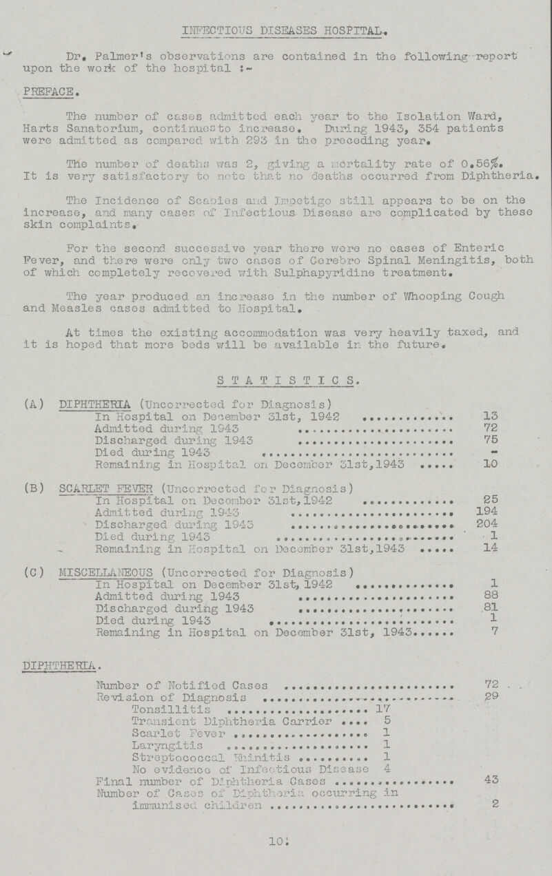 INFECTIOUS DISEASES HOSPITAL-, Dr, Palmer's observations are contained, in the following-report upon the work of the hospital PREFACE. The number of cases admitted each year to the Isolation Ward, Harts Sanatorium, continues to increase. Daring 1943, 354 patients were admitted as compared with 293 in the preceding year. The number of deaths was 2, giving a mortality rate of 0,56$. It is very satisfactory to note that no deaths occurred from Diphtheria The Incidence of Scabies and Impetigo still appears to be on the increase, and many cases of Infectious Disease are complicated by these skin complaints. For the second successive year there were no cases of Enteric Fever, and there were only two cases of Cerebro Spinal Meningitis, both of which completely recovered with Sulphapyridine treatment. The year produced an increase in the number of Whooping Cough and Measles cases admitted to Hospital, At times the existing accommodation was very heavily taxed, and it is hoped that more beds will be available in the future, STATISTICS. (A) DIPHTHERIA (Uncorrected for Diagnosis) In Hospital on December 31st, 1942 13 Admitted during 1943 72 Discharged during 1943 * 75 Died during 1943 - Remaining in Hospital on December 31st,1943 10 (B) SCARLET FEVER (Uncorrected for Diagnosis) In Hospital on December 31st,1942 25 Admitted during 1943 194 Discharged during 1943 204 Died during 1943 1 Remaining In Hospital on December 31st,1943 14 (C) MISCELLA NEOUS (Uncorrected for Diagnosis) In Hospital on December 31st, 1942 1 Admitted during 1943 88 Discharged during 1943 81 Died during 1943 1 Remaining in Hospital on December 31st, 1943 7 DIPHTHERIA. Number of Notified Cases 72 Revision of Diagnosis Tonsillitis 17 Transient Diphtheria Carrier 5 Scarlet Fever 1 Laryngitis 1 Streptococcal Rhinitis 1 No evidence of Infectious Disease 4 Final number of Diphtheria Cases 43 Number of Gases of Diphtheria occurring in immunised children 2 10 i