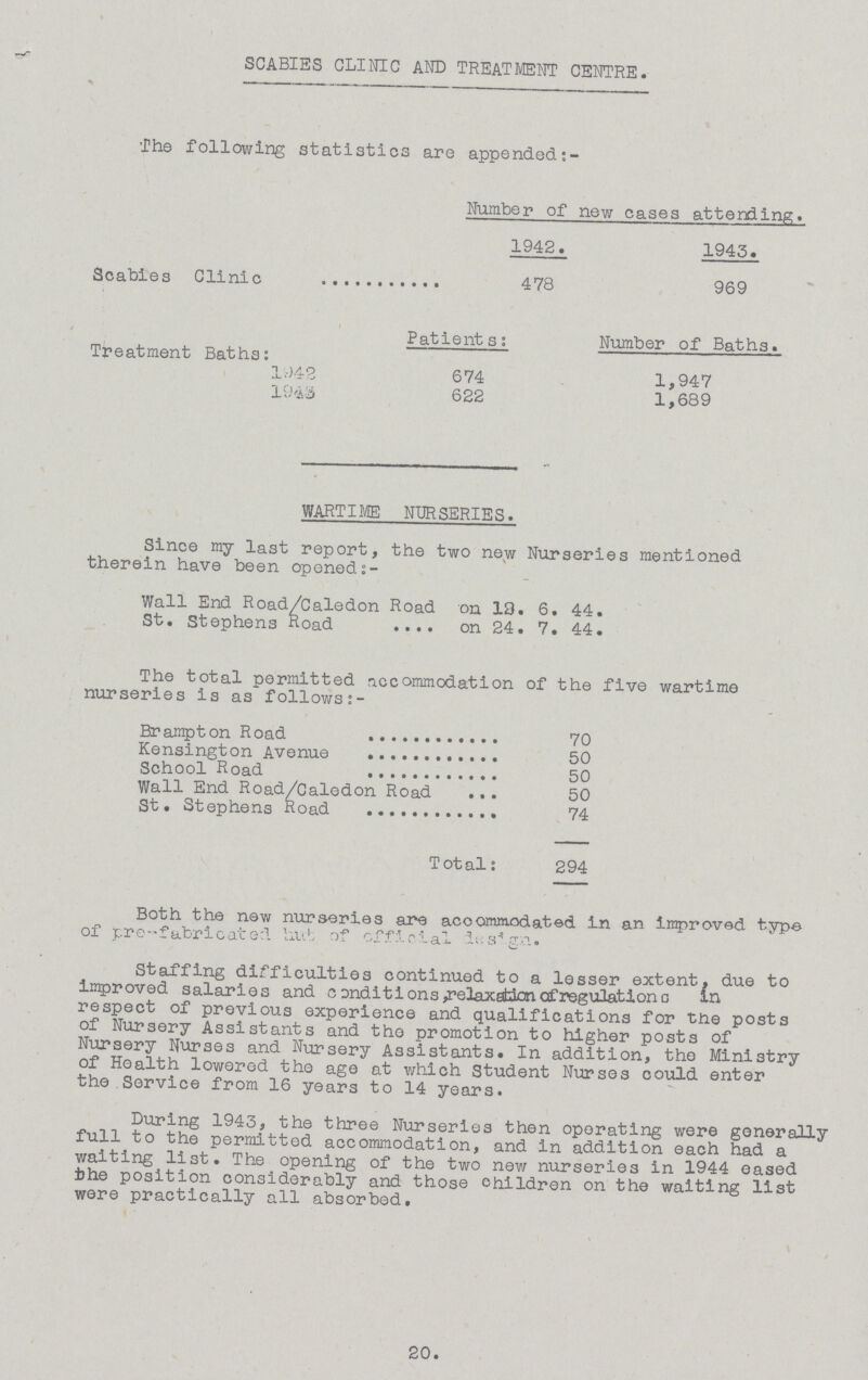 SCABIES CLINIC AND TREATMENT CENTRE. The following statistics are appended:- Number of new cases attending. 1942. 1943. Scabies Clinic 478 969 Patient s: Number of Baths. Treatment Baths: l942 674 1,947 1943 622 1,689 WARTIME NURSERIES. Since my last report, the two new Nurseries mentioned therein have been opened:- Wall End Road/Caledon Road on 13. 6. 44. St. Stephens Road on 24. 7. 44. The total permitted accommodation of the five wartime nurseries is as follows:- Brampton Road 70 Kensington Avenue 50 School Road 50 Wall End Road/Caledon Road 50 St. Stephens Road 74 Total: 294 Both the new nurseries are accommodated in an improved type of pre-fabricated but of official design. Staffing difficulties continued to a lesser extent, due to Improved salaries and conditions, relaxation of regulations in respect of previous experience and qualifications for the posts of Nursery Assistants and the promotion to higher posts of Nursery Nurses and Nursery Assistants. In addition, the Ministry of Health lowered the age at which Student Nurses could enter the Service from 16 years to 14 years. During 1943, the three Nurseries then operating were generally full to the permitted accommodation, and in addition each had a waiting list. The opening of the two new nurseries in 1944 eased the position considerably and those children on the waiting list were practically all absorbed. 20.