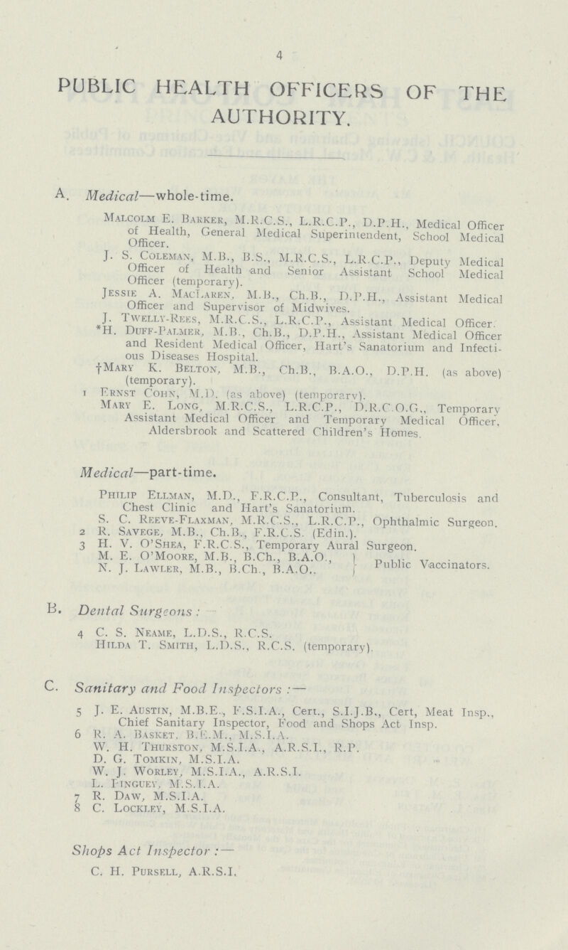 4 PUBLIC HEALTH OFFICERS OF THE AUTHORITY. A. Medical—whole-time. Malcolm E. Banker, M.R.C.S., L.R.C.P., D.P.H., Medical Officer of Health, General Medical Superiniendent, School Medical Officer. J. S. Coleman, M.B., B.S., M.R.C.S., L.R.C.P., Deputy Medical Officer of Health and Senior Assistant School Medical Officer (temporary). Jessie A. MacI.aren, M.B., Ch.B., D.P.H., Assistant Medical Officer and Supervisor of Midwives. J. Twelly-Rees, M.R.C.S., L.R.C.P., Assistant Medical Officer. H. Duff-Palmer, M.B., Ch.B., D.P.H., Assistant Medical Officer and Resident Medical Officer, Hart's Sanatorium and Infecti ous Diseases Hospital. Mary K. Belton, M.B., Ch.B., B.A.O., D.P.H. (as above) (temporary). Ernst Cohn, M.D. (as above) (temporary). Mary E. Long, M.R.C.S., L.R.C.P., D.R.C.O.G., Temporary Assistant Medical Officer and Temporary Medical Officer. Aldersbrook and Scattered Children's Homes. Medical—part-time. Philip Ellman, M.D., F.R.C.P., Consultant, Tuberculosis and Chest Clinic and Hart's Sanatorium. S. C. Reeve-Flaxman, M.R.C.S., L..R.C.P., Ophthalmic Surgeon. 2 R. Savege, M.B., Ch.B., F.R.C.S. (E.din.). 3 H. V. O'Shea, F.R.C.S., Temporary Aural Surgeon. M. E. O'Moore M.B B.Ch B A.O., | Public Vaccinators. N. J. Lawler, M.B., B.Ch., B.A.O.. J B. Dental Surgeons : 4 C. S. Neame, L.D.S., R.C.S. Hilda T. Smith, L.D.S.. R.C.S. (temporary). C. Sanitary and Food Inspectors :— 5 J. E. Austin, M.B.E., F.S.I.A., Cert., S.I.J.B., Cert, Meat Insp., Chief Sanitary Inspector, Food and Shops Act Insp. 6 R. A. Basket. B.K.M., M.S.I.A. W. H. Thurston, M.S.I.A.. A.R.S.I., R.P. D. G. Tomkin, M.S.I.A. W. J. Worley, M.S.I.A., A.R.S.I. L. Pinguey, M.S.I.A. 7 R. Daw, M.S.I.A. 8 C. Lockley, M.S.I.A. Shops Act Inspector : — C. H. Pursell, A.R.S.I.