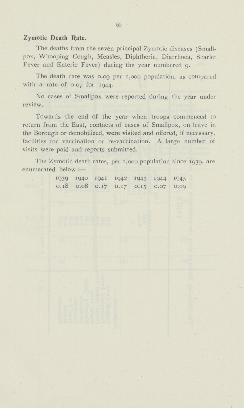 51 Zymotic Death Rate. The deaths from the seven principal Zymotic diseases (Small pox, Whooping Cough, Measles, Diphtheria, Diarrhoea, Scarlet Fever and Enteric Fever) during the year numbered 9. The death rate was 0.09 per 1,000 population, as compared with a rate of 0.07 for 1944. No cases of Smallpox were reported during the year under review. Towards the end of the year when troops commenced to return from the East, contacts of cases of Smallpox, on leave in the Borough or demobilized, were visited and offered, if necessary, facilities for vaccination or re-vaccination. A large number of visits were paid and reports submitted. The Zymotic death rates, per 1,000 population since 1939, are enumerated below:— 1939 1940 1941 1942 1943 1944 1945 0.18 0.08 0.17 0.17 0.15 0.07 0.09