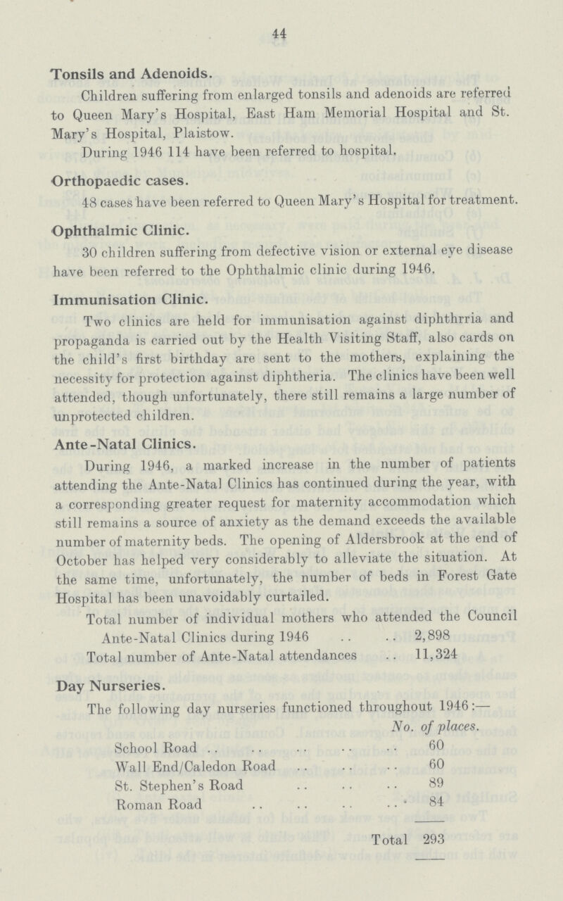 44 Tonsils and Adenoids. Children suffering from enlarged tonsils and adenoids are referred to Queen Mary's Hospital, East Ham Memorial Hospital and St. Mary's Hospital, Plaistow. During 1946 114 have been referred to hospital. Orthopaedic cases. 48 cases have been referred to Queen Mary's Hospital for treatment. Ophthalmic Clinic. 30 children suffering from defective vision or external eye disease have been referred to the Ophthalmic clinic during 1946. Immunisation Clinic. Two clinics are held for immunisation against diphthrria and propaganda is carried out by the Health Visiting Staff, also cards on the child's first birthday are sent to the mothers, explaining the necessity for protection against diphtheria. The clinics have been well attended, though unfortunately, there still remains a large number of unprotected children. Ante-Natal Clinics. During 1946, a marked increase in the number of patients attending the Ante-Natal Clinics has continued during the year, with a corresponding greater request for maternity accommodation which still remains a source of anxiety as the demand exceeds the available number of maternity beds. The opening of Aldersbrook at the end of October has helped very considerably to alleviate the situation. At the same time, unfortunately, the number of beds in Forest Gate Hospital has been unavoidably curtailed. Total number of individual mothers who attended the Council Ante-Natal Clinics during 1946 2,898 Total number of Ante-Natal attendances 11,324 Day Nurseries. The following day nurseries functioned throughout 1946:— No. of places. School Road 60 Wall End/Caledon Road 60 St. Stephen's Road 89 Roman Road 84 Total 293