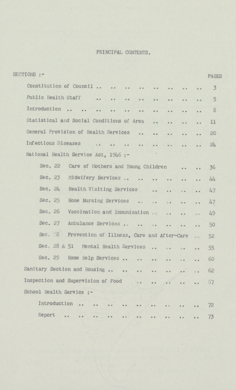 PRINCIPAL CONTENTS. SECTIONS PAGES Constitution of Council 3 Public Health Staff 5 Introduction 8 Statistical and Social Conditions of Area 11 General Provision of Health Services 20 Infectious Diseases 24 National Health Service Act, 1946 Sec. 22 Care of Mothers and Young Children 36 Sec. 23 Midwifery Services 44 Sec. 24 Health Visiting Services 47 Sec. 25 Home Nursing Services 47 Sec. 26 Vaccination and Immunisation 49 Sec. 27 Ambulance Services 50 Sec. 8 Prevention of Illness, Care and After-Care 52 See. 28 & 51 Mental Health Services 55 Sec. 29 Home Help Services 60 Sanitary Section and Housing 62 Inspection and Supervision of Food 67 School Health Service:- Introduction 72 Report 73