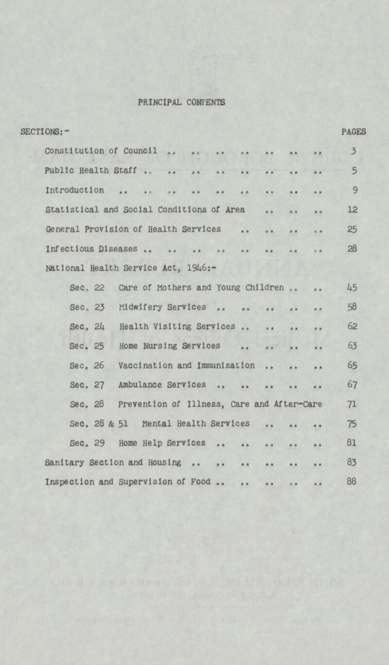 PRINCIPAL CONTENTS SECTIONS:- Constitution of Council Public Health Staff Introduction Statistical and Social Conditions of Area General Provision of Health Services Infectious Diseases National Health Service Act, 1946:- Sec. 22 Care of Mothers and Young Children . Sec. 23 Midwifery Services Sec. 24 Health Visiting Services Sec. 25 Home Nursing Services Sec. 26 Vaccination and Immunisation Sec. 27 Ambulance Services Sec. 28 Prevention of Illness, Care and After-Care Sec. 28 & 51 Mental Health Services Sec. 29 Home Help Services Sanitary Section and Hous Inspection and Supervision of Food PAGES 3 5 9 12 25 28 45 58 62 63 65 67 71 75 81 83 88