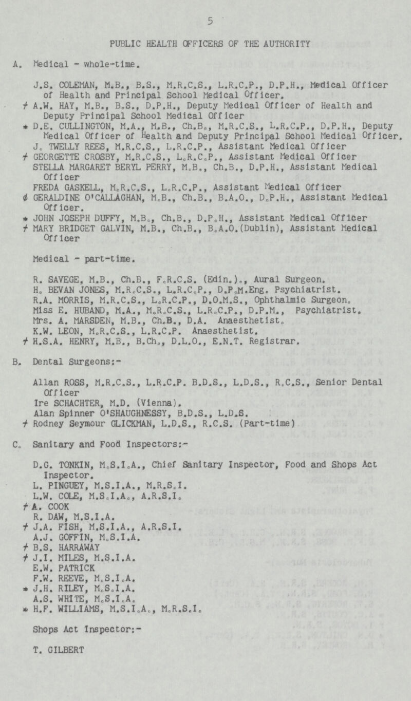 5 PUBLIC HEALTH OFFICERS OF THE AUTHORITY A. Medical - whole-time. J.S. COLEMAN, M.B., B.S., M.R.C.S., L.R.C.P., D.P.H., Medical Officer of Health and Principal School Medical Officer. † A.W. HAY, M.B., B.S., D.P.H., Deputy Medical Officer of Health and Deputy Principal School Medical Officer * D.E. CULLINGTON, M.A., M.B., Ch.B., M.R.C.S., L.R.C.P., D.P.H., Deputy Medical Officer of Health and Deputy Principal School Medical Officer. J. TWELLY REES, M.R.C.S., L.R.C.P., Assistant Medical Officer † GEORGETTE CROSBY, M.R.C.S., L.R.C.P., Assistant Medical Officer STELLA MARGARET BERYL PERRY, M.B., Ch.B., D.P.H., Assistant Medical Officer FREDA GASKELL, M.R.C.S., L.R.C.P., Assistant Medical Officer ø GERALDINE O'CALLAGHAN, M.B., Ch.B., B.A.O., D.P.H., Assistant Medical Off leer. * JOHN JOSEPH DUFFY, M.B„, Ch.B., D.P.H., Assistant Medical Officer † MARY BRIDGET GALVIN, M.B., Ch.B., B.A.O.(Dublin), Assistant Medical Off leer Medical - part-time. R. SAVEGE, M.B., Ch.B., F.R.C.S. (Edin.)., Aural Surgeon. H. BEVAN JONES, M.R.C.S., L.R.C.P., D.P.M.Eng. Psychiatrist. R.A. MORRIS, M.R.C.S., L.R.C.P., D.O.M.S., Ophthalmic Surgeon. Miss E. HUBAND, M.A., M.R.C.S., L.R.C.P., D.P.M., Psychiatrist, Mrs. A. MARSDEN, M.B., Ch.B., D.A. Anaesthetist. K.W. LEON, M.R.C.S., L.R.C.P. Anaesthetist. † H.S.A. HENRY, M.B., B.Ch., D.L.O., E.N.T. Registrar. B. Dental Surgeons Allan ROSS, M.R.C.S., L.R.C.P. B.D.S., L.D.S., R.C.S., Senior Dental Officer Ire SCHACHTER, M.D. (Vienna). Alan Spinner O'SHAUGHNESSY, B.D.S., L.D.S. † Rodney Seymour GLICKMAN, L.D.S., R.C.S. (Part-time) C. Sanitary and Food Inspectors:- D.G. TONKIN, M.S.I.A., Chief Sanitary Inspector, Food and Shops Act Inspector. L. PINGUEY, M.S.I.A., M.R.S.I. L.W. COLE, M.S.I.A., A.R.S.I. † A. COOK R. DAW, M.S.I.A. † J.A. FISH, M.S.I.A., A.R.S.I. A.J. GOFFIN, M.S.I.A. † B.S. HARRAWAY † J.I. MILES, M.S.I.A. E.W. PATRICK F.W. REEVE, M.S.I.A. * J.H. RILEY, M.S.I.A. A.S. WHITE, M.S.I.A. * H.F. WILLIAMS, M.S.I.A., M.R.S.I. Shops Act Inspector: T. GILBERT