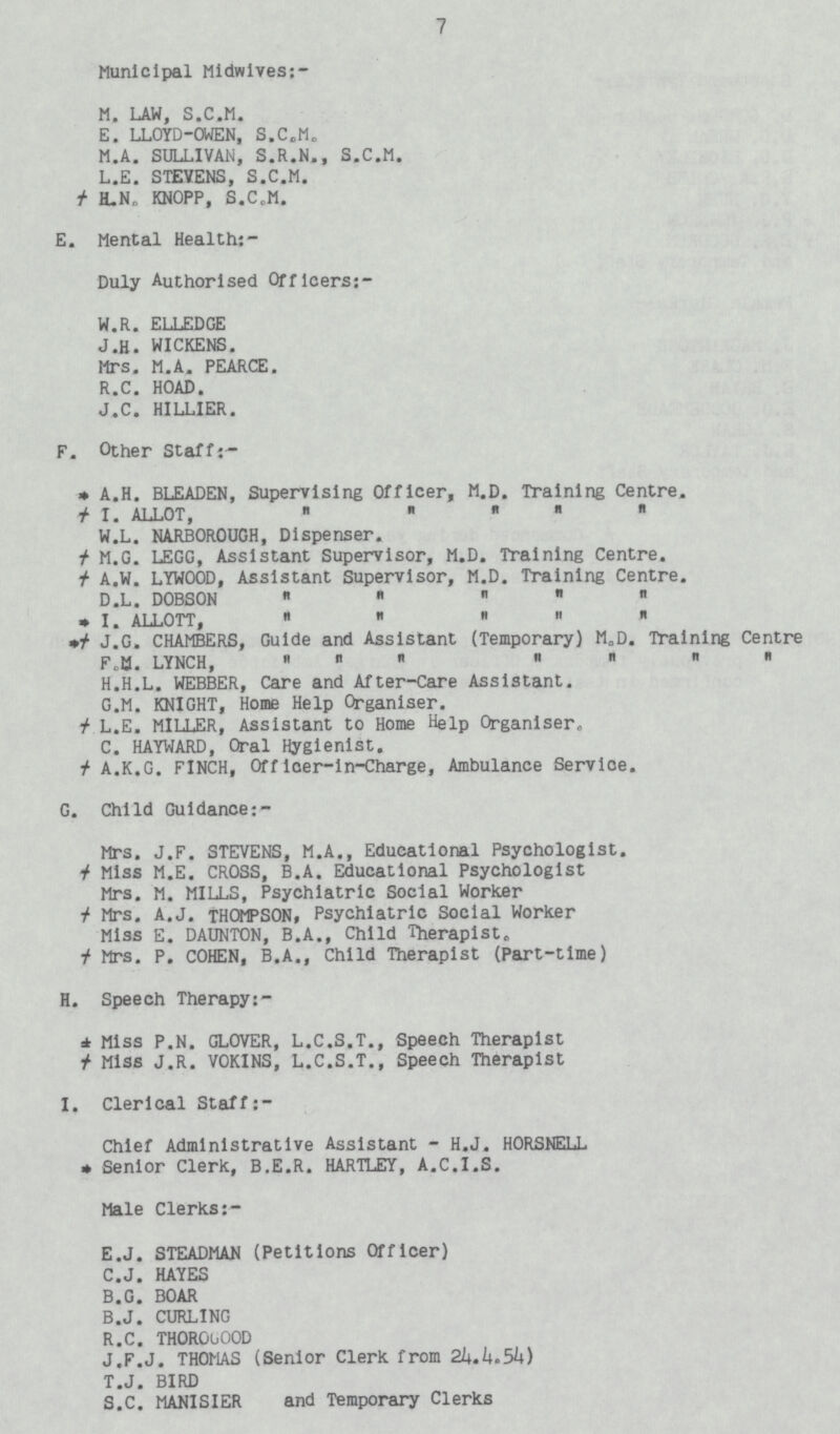 7 Municipal Midwives:- M. LAW, S.C.M. E. LLOYD-OWEN, S.C.M. M.A. SULLIVAN, S.R.N., S.C.M. L.E. STEVENS, S.C.M. † H.N. KNOPP, S.C.M. E. Mental Health:- Duly Authorised Officers:- W.R. ELLEDGE J.R. WICKENS. Mrs. M.A. PEARCE. R.C. HOAD. J.C. HILLIER. F. Other Staffs- * A.H. BLEADEN, Supervising Officer, M.D. Training Centre. † I. ALLOT, '' '' '' '' '' W.L. NARBOROUGH, Dispenser. † M.G. LEGG, Assistant Supervisor, M.D. Training Centre. † A.W. LYWOOD, Assistant Supervisor, M.D. Training Centre. D.L. DOBSON '' '' ''   * I. ALLOTT, '' '' '' '' '' *† J.G. CHAMBERS, Guide and Assistant (Temporary) M.D. Training Centre F.U. LYNCH H.H.L. WEBBER, Care and After-Care Assistant. G.M. KNIGHT, Home Help Organiser. † L.E. MILLER, Assistant to Home Help Organiser. C. HAYWARD, Oral Hyglenlst. †A.K.G. FINCH, Officer-in-Charge, Ambulance Service. G. Child Guidance Mrs. J.F. STEVENS, M.A., Educational Psychologist. † Miss M.E. CROSS, B.A. Educational Psychologist Mrs. M. MILLS, Psychiatric Social Worker † Mrs. A.J. THOMPSON, Psychiatric Social Worker Miss E. DAUNTON, B.A., Child Therapist. † Mrs. P. COHEN, B.A., Child Therapist (Part-time) H. Speech Therapy:- * Miss P.N. GLOVER, L.C.S.T., Speech Therapist † Miss J.R. VOKINS, L.C.S.T., Speech Therapist I. Clerical Staff:- Chief Administrative Assistant - H.J. HORSNELL * Senior Clerk, B.E.R. HARTLEY, A.C.I.S. Male Clerks E.J. STEADMAN (Petitions Officer) C.J. HAYES B.G. BOAR B.J. CURLING R.C. THOROGOOD J.F.J. THOMAS (Senior Clerk from 24.4.54) T.J. BIRD S.C. MANISIER and Temporary Clerks