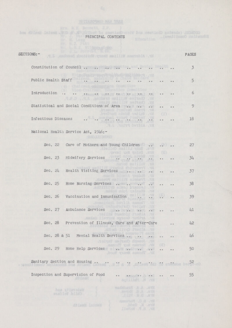 PRINCIPAL CONTENTS SECTIONS:- PAGES Constitution of Council 3 Public Health Staff 5 Introduction 6 Statistical and Social Conditions of Area 9 Infectious Diseases 18 National Health Service Act, 1946:- Sec. 22 Care of Mothers and Young Children 27 Sec. 23 Midwifery Services 34 Sec. 24 Health Visiting Services 37 Sec. 25 Home Nursing Services 38 Sec. 26 Vaccination and Immunisation 39 Sec. 27 Ambulance Services 41 Sec. 28 Prevention of Illness, Care and After-Care 42 Sec. 28 & 51 Mental Health Services 46 Sec. 29 Home Help Services 50 Sanitary Section and Housing 52 Inspection and Supervision of Food 55