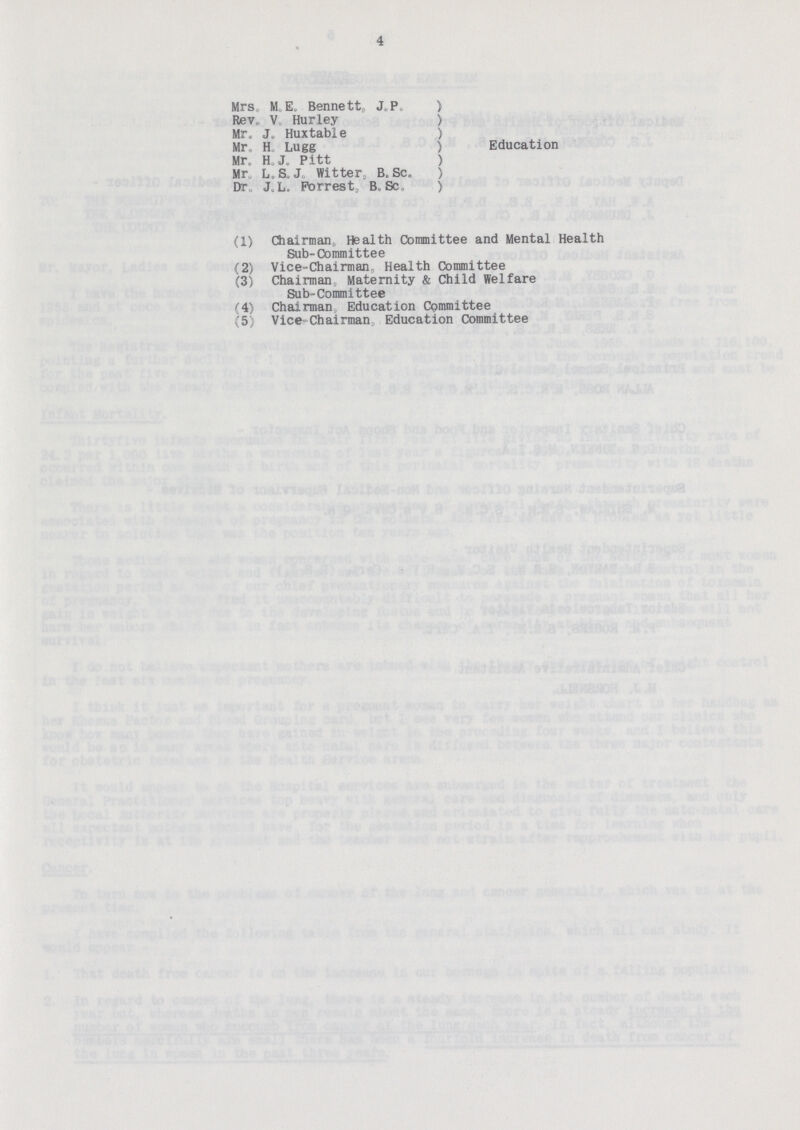 4 Mrs. M. E. Bennett, J.P. Rev. V. Hurley Mr. J. Huxtable Mr. H. Lugg Mr. H. J. Pitt Mr L. S. J. Witter, B.Sc. Dr J. L. Forrest B. Sc. Education (1) Chairman, Health Committee and Mental Health Sub-Committee (2) Vice-Chairman, Health Committee (3) Chairman Maternity & Child Welfare Sub-Committee (4) Chairman Education Committee (5) Vice-Chairman Education Committee