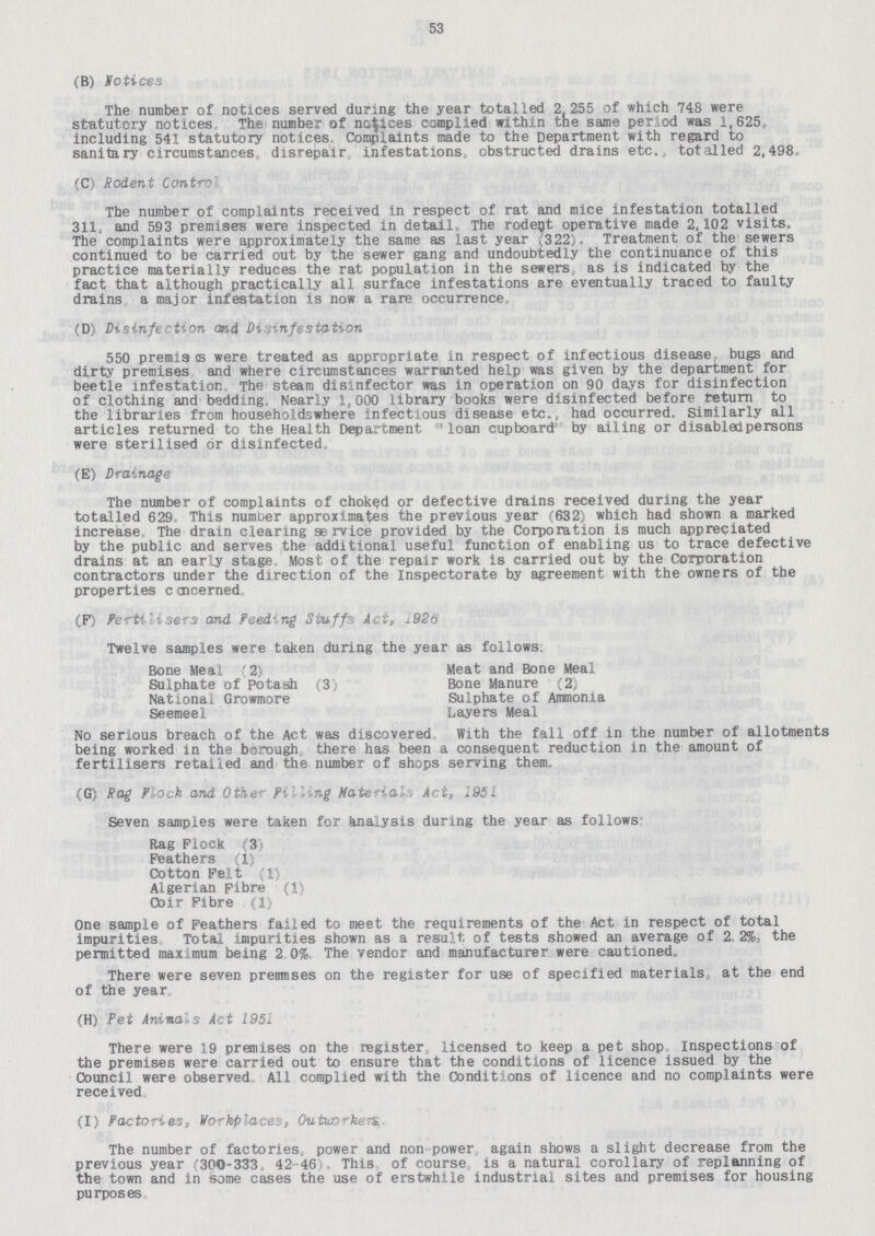 53 (B) Notices The number of notices served during the year total led 2.255 of which 748 were statutory notices The number of notices complied within the same period was 1,625. including 541 statutory notices Complaints made to the Department with regard to sanitary circumstances,, disrepair infestations, obstructed drains etc. , totalled 2,498 (C) Rodent Control The number of complaints received in respect of rat and mice infestation totalled 311, and 593 premises were inspected in detail The rodent operative made 2,102 visits. The complaints were approximately the same as last year (322). Treatment of the sewers continued to be carried out by the sewer gang and undoubtedly the continuance of this practice materially reduces the rat population in the sewers as is indicated by the fact that although practically all surface infestations are eventually traced to faulty drains a major infestation is now a rare occurrence (D) Disinfection and Disinfestation 550 premises were treated as appropriate in respect of infectious disease, bugs and dirty premises and where circumstances warranted help was given by the department for beetle infestation The steam disinfector was in operation on 90 days for disinfection of clothing and bedding. Nearly 1,000 library books were disinfected before return to the libraries from householdswhere infectious disease etc., had occurred. Similarly all articles returned to the Health Department 'loan cupboard by ailing or disabled persons were sterilised or disinfected (E) Drainage The number of complaints of choked or defective drains received during the year totalled 629 This number approximates the previous year (632) which had shown a marked increase The drain clearing service provided by the Corporation is much appreciated by the public and serves the additional useful function of enabling us to trace defective drains at an early stage Most of the repair work is carried out by the Corporation contractors under the direction of the Inspectorate by agreement with the owners of the properties concerned (F) fertilisers and Feeding Stuffs Act, 1926 Twelve samples were taken during the year as follows Bone Meal (2) Meat and Bone Meal Sulphate of Potash(3) Bone Manure (2) National Growmore Sulphate of Ammonia Seemeel Layers Meal No serious breach of the Act was discovered With the fall off in the number of allotments being worked in the borough, there has been a consequent reduction in the amount of fertilisers retailed and the number of shops serving them. (G) Rag Flock and Other Filling Material Act, 1951 Seven samples were taken for analysis during the year as follows Rag Flock (3) Feathers (1) Cotton Felt (1) Algerian Fibre (1) Coir Fibre (1) One sample of Feathers failed to meet the requirements of the Act in respect of total impurities Total impurities shown as a result of tests showed an average of 2. 2%, the permitted maximum being 2.0% The vendor and manufacturer were cautioned. There were seven premises on the register for use of specified materials,, at the end of the year (H) Pet Animals Act 1951 There were 19 premises on the register licensed to keep a pet shop Inspections of the premises were carried out to ensure that the conditions of licence issued by the Council were observed All complied with the Conditions of licence and no complaints wen received (I) Factories, Workplaces, Outworker The number of factories, power and non power again shows a slight decrease from the previous year (300-333. 42-46 This of course is a natural corollary of replanning of the town and in some cases the use of erstwhile industrial sites and premises for housing purposes
