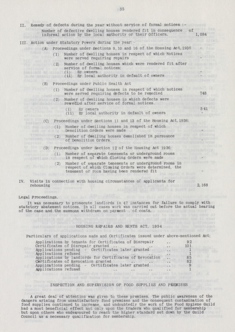 55 II. Remedy of defects during the year without service of formal notices:- Number of defective dwelling houses rendered fit in consequence of informal action by the local authority or their Officers. 1,084 III Action under Statutory Powers during the year:- (A) Proceedings under Sections 9,10 and 16 of the Housing Act„1936 - (1) Number of dwelling houses in respect of which Notices were served requiring repairs - (2) Number of dwelling houses which were rendered fit after service of formal notices: (i) By owners - (ii) By local authority in default of owners - (B) Proceedings under public Health Act (1) Number of dwelling houses in respect of which notices were served requiring defects to be remedied 748 (2) Number of dwelling houses in which defects were remedied after service of formal notices (i) By owners 541 (ii) By local authority in default of owners - (C) Proceedings under Sections 11 and 13 of the Housing Act, 1936: (1) Number of dwelling houses in respect of which Demolition Orders were made - (2 Number of dwelling houses demolished in pursuance of Demolition Orders - (D) Proceedings under Section 12 of the Housing Act 1936: (1) Number of separate tenements or underground rooms in respect of which Closing Orders were made - (2) Number of separate tenements or underground rooms in respect of which Closing Orders were determined, the tenement or roam having been rendered fit - IV. Visits in connection with housing circumstances of applicants for rehousing 2,168 Legal Proceedings. It was necessary to prosecute landlords in 47 instances for failure to comply with statutory abatement notices. In all cases work was carried out before the actual hearing of the case and the summons withdrawn on payment of costs. HOUSING REPAIRS AND RENTS ACT, i954 Particulars of applications made and Certificates issued under above-mentioned Act: Applications by tenants for Certificates of Disrepair 92 Certificates of Disrepair granted 101 Applications pending - Certificates later granted 1 Applications refused 1 Applications by landlords for Certificates of Revocation 85 Certificates of Revocation granted 82 Applications pending - Certificates later granted 9 Applications refused 1 INSPECTION AND SUPERVISION OP POOD SUPPLIES AND PREMISES A great deal of attention was given to these premises The public awareness of the dangers arising from unsatisfactory food premises and the consequent contamination of food supplies continued to increase, and undoubtedly the work of the Food Hygiene Guild had a most beneficial effect not only upon the traders who qualified for membership but upon others who endeavoured to reach the higher standard set down by the Guild Council as a necessary qualification for membership.