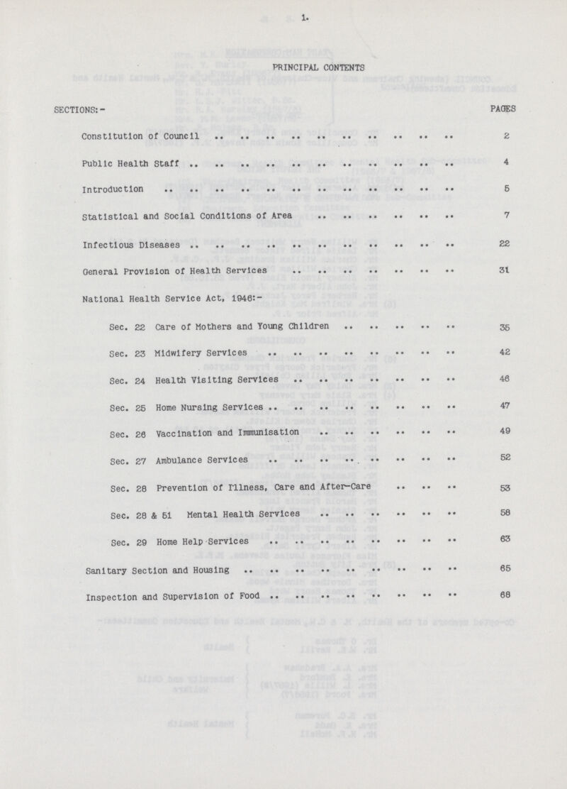 1. PRINCIPAL CONTENTS SECTIONS:- PAGES Constitution of Council 2 Public Health Staff 4 Introduction 5 Statistical and Social Conditions of Area 7 Infectious Diseases 22 General Provision of Health Services 31 National Health Service Act, 1040:- Sec. 22 Care of Mothers and Young Children 35 Sec. 23 Midwifery Services 42 Sec. 24 Health Visiting Services 46 Sec. 25 Home Nursing Services 47 Sec. 20 Vaccination and Immunisation 49 Sec. 27 Ambulance Services 52 Sec. 28 Prevention of Illness, Care and After-Care 53 Sec. 28 & 51 Mental Health Services 58 Sec. 29 Home Help Services 03 Sanitary Section and Housing 65 Inspection and Supervision of Food 68