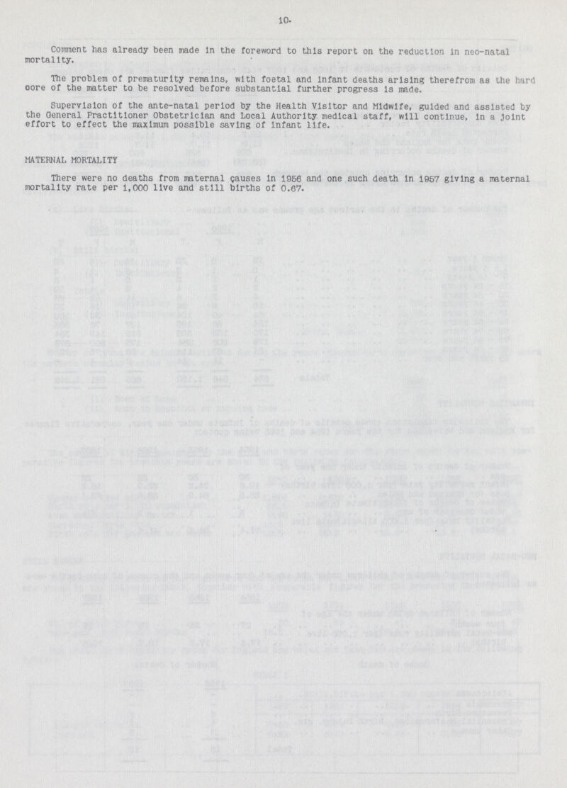 10. Comment has already been made in the foreword to this report on the reduction in neo-natal mortality. The problem of prematurity remains, with foetal and infant deaths arising therefrom as the hard oore of the matter to be resolved before substantial further progress is made. Supervision of the ante-natal period by the Health Visitor and Midwife, guided and assisted by the Oeneral Practitioner Obstetrician and Local Authority medical staff, will continue, in a Joint effort to effect the maximum possible saving of infant life. MATERNAL MORTALITY There were no deaths from maternal causes in 1950 and one such death in 1957 giving a maternal mortality rate per 1,000 live and still births of 0.67.