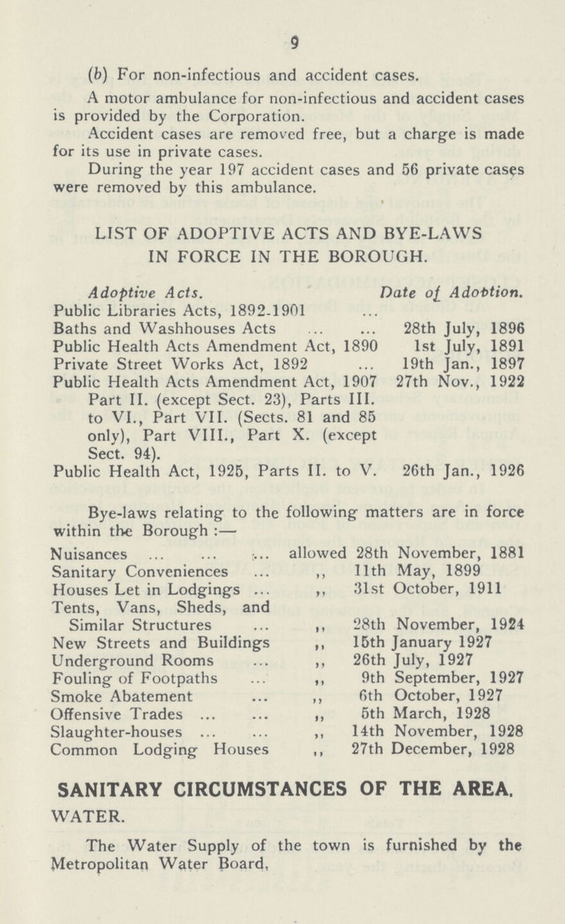 9 (b) For non-infectious and accident cases. A motor ambulance for non-infectious and accident cases is provided by the Corporation. Accident cases are removed free, but a charge is made for its use in private cases. During the year 197 accident cases and 56 private cases were removed by this ambulance. LIST OF ADOPTIVE ACTS AND BYE-LAWS IN FORCE IN THE BOROUGH. Adoptive Acts. Date of Adoption. Public Libraries Acts, 1892-1901 Baths and Washhouses Acts 28th July, 1896 Public Health Acts Amendment Act, 1890 1st July, 1891 Private Street Works Act, 1892 19th Jan., 1897 Public Health Acts Amendment Act, 1907 27th Nov., 1922 Part II. (except Sect. 23), Parts III. to VI., Part VII. (Sects. 81 and 85 only), Part VIII., Part X. (except Sect. 94). Public Health Act, 1925, Parts II. to V. 26th Jan., 1926 Bye-laws relating to the following matters are in force within the Borough:— Nuisances allowed 28th November, 1881 Sanitary Conveniences „ 11th May, 1899 Houses Let in Lodgings „ 31st October, 1911 Tents, Vans, Sheds, and Similar Structures „ 28th November, 1924 New Streets and Buildings „ 15th January 1927 Underground Rooms „ 26th July, 1927 Fouling of Footpaths „ 9th September, 1927 Smoke Abatement „ 6th October, 1927 Offensive Trades „ 5th March, 1928 Slaughter-houses „ 14th November, 1928 Common Lodging Houses „ 27th December, 1928 SANITARY CIRCUMSTANCES OF THE AREA. WATER. The Water Supply of the town is furnished by the Metropolitan Water Board,