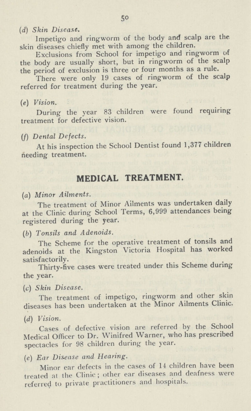 50 (d) Skin Disease. Impetigo and ringworm of the body and scalp are the skin diseases chiefly met with among the children. Exclusions from School for impetigo and ringworm of the body are usually short, but in ringworm of the scalp the period of exclusion is three or four months as a rule. There were only 19 cases of ringworm of the scalp referred for treatment during the year. (e) Vision. During the year 83 children were found requiring treatment for defective vision. (f) Dental Defects. At his inspection the School Dentist found 1,377 children needing treatment. MEDICAL TREATMENT. (a) Minor Ailments. The treatment of Minor Ailments was undertaken daily at the Clinic during School Terms, 6,999 attendances being registered during the year. (b) Tonsils and Adenoids. The Scheme for the operative treatment of tonsils and adenoids at the Kingston Victoria Hospital has worked satisfactorily. Thirty-five cases were treated under this Scheme during the year. (c) Skin Disease. The treatment of impetigo, ringworm and other skin diseases has been undertaken at the Minor Ailments Clinic. (d) Vision. Cases of defective vision are referred by the School Medical Officer to Dr. Winifred Warner, who has prescribed spectacles for 98 children during the year. (e) Ear Disease and Hearing. Minor ear defects in the cases of 14 children have been treated at the Clinic; other ear diseases and deafness were referred to private practitioners and hospitals.