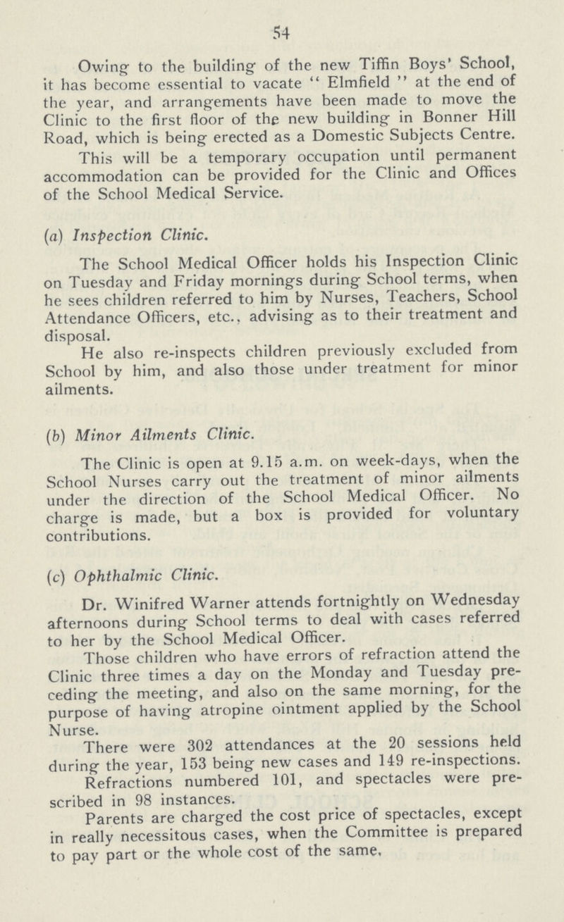 54 Owing to the building of the new Tiffin Boys' School, it has become essential to vacate  Elmfield  at the end of the year, and arrangements have been made to move the Clinic to the first floor of the new building in Bonner Hill Road, which is being erected as a Domestic Subjects Centre. This will be a temporary occupation until permanent accommodation can be provided for the Clinic and Offices of the School Medical Service. (a) Inspection Clinic. The School Medical Officer holds his Inspection Clinic on Tuesday and Friday mornings during School terms, when he sees children referred to him by Nurses, Teachers, School Attendance Officers, etc., advising as to their treatment and disposal. He also re-inspects children previously excluded from School by him, and also those under treatment for minor ailments. (b) Minor Ailments Clinic. The Clinic is open at 9.15 a.m. on week-days, when the School Nurses carry out the treatment of minor ailments under the direction of the School Medical Officer. No charge is made, but a box is provided for voluntary contributions. (c) Ophthalmic Clinic. Dr. Winifred Warner attends fortnightly on Wednesday afternoons during School terms to deal with cases referred to her by the School Medical Officer. Those children who have errors of refraction attend the Clinic three times a day on the Monday and Tuesday pre ceding the meeting, and also on the same morning, for the purpose of having atropine ointment applied by the School Nurse. There were 302 attendances at the 20 sessions held during the year, 153 being new cases and 149 re-inspections. Refractions numbered 101, and spectacles were pre scribed in 98 instances. Parents are charged the cost price of spectacles, except in really necessitous cases, when the Committee is prepared to pay part or the whole cost of the same.