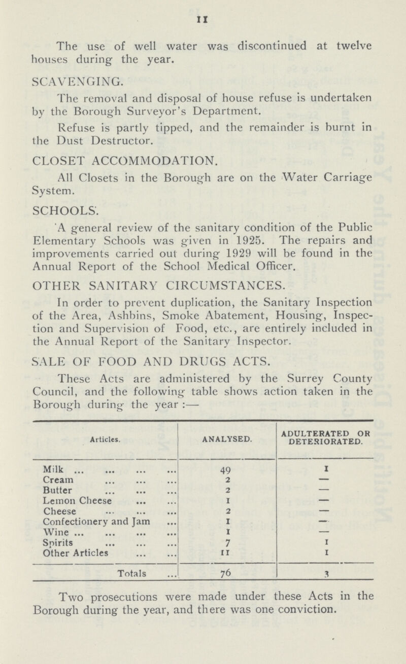 11 The use of well water was discontinued at twelve houses during the year. SCAVENGING. The removal and disposal of house refuse is undertaken by the Borough Surveyor's Department. Refuse is partly tipped, and the remainder is burnt in the Dust Destructor. CLOSET ACCOMMODATION. All Closets in the Borough are on the Water Carriage System. SCHOOLS. A general review of the sanitary condition of the Public Elementary Schools was given in 1925. The repairs and improvements carried out during 1929 will be found in the Annual Report of the School Medical Officer. OTHER SANITARY CIRCUMSTANCES. In order to prevent duplication, the Sanitary Inspection of the Area, Ashbins, Smoke Abatement, Housing, Inspec tion and Supervision of Food, etc., are entirely included in the Annual Report of the Sanitary Inspector. SALE OF FOOD AND DRUGS ACTS. These Acts are administered by the Surrey County Council, and the following table shows action taken in the Borough during the year :— Articles. ANALYSED. ADULTERATED OR DETERIORATED. Milk 49 1 Cream 2 — Butter 2 — Lemon Cheese I — Cheese 2 — Confectionery and Jam 1 — Wine 1 — Spirits 7 1 Other Articles 11 1 Totals 76 3 Two prosecutions were made under these Acts in the Borough during the year, and there was one conviction.