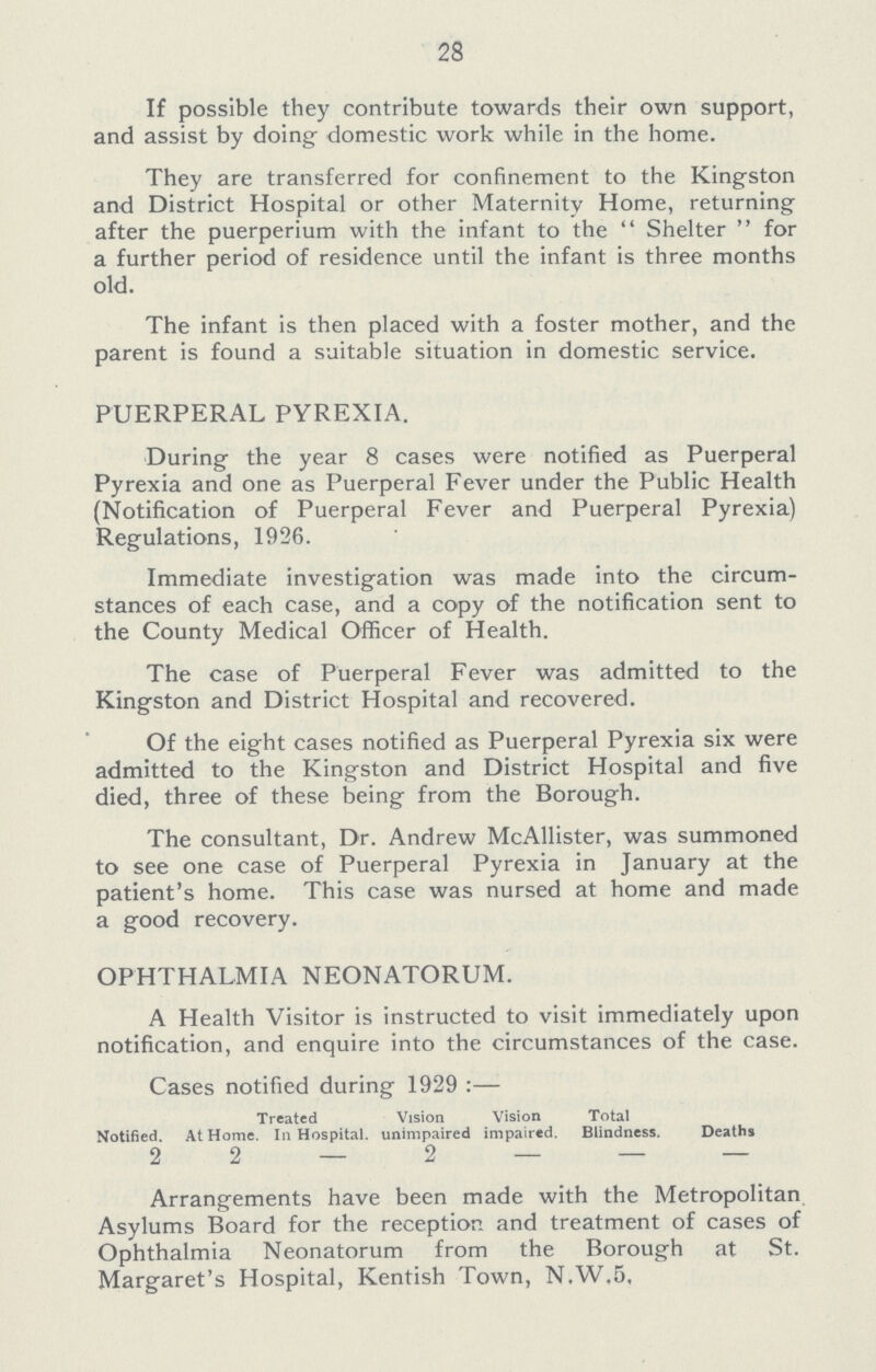 28 If possible they contribute towards their own support, and assist by doing domestic work while in the home. They are transferred for confinement to the Kingston and District Hospital or other Maternity Home, returning after the puerperium with the infant to the  Shelter  for a further period of residence until the infant is three months old. The infant is then placed with a foster mother, and the parent is found a suitable situation in domestic service. PUERPERAL PYREXIA. During the year 8 cases were notified as Puerperal Pyrexia and one as Puerperal Fever under the Public Health (Notification of Puerperal Fever and Puerperal Pyrexia) Regulations, 1926. Immediate investigation was made into the circum stances of each case, and a copy of the notification sent to the County Medical Officer of Health. The case of Puerperal Fever was admitted to the Kingston and District Hospital and recovered. Of the eight cases notified as Puerperal Pyrexia six were admitted to the Kingston and District Hospital and five died, three of these being from the Borough. The consultant, Dr. Andrew McAllister, was summoned to see one case of Puerperal Pyrexia in January at the patient's home. This case was nursed at home and made a good recovery. OPHTHALMIA NEONATORUM. A Health Visitor is instructed to visit immediately upon notification, and enquire into the circumstances of the case. Cases notified during 1929:— Notified. At Home. Treated . In Hospital. Vision unimpaired Vision impaired. Total Blindness. Deaths 2 2 – 2 – – – Arrangements have been made with the Metropolitan Asylums Board for the reception and treatment of cases of Ophthalmia Neonatorum from the Borough at St. Margaret's Hospital, Kentish Town, N.W.5,