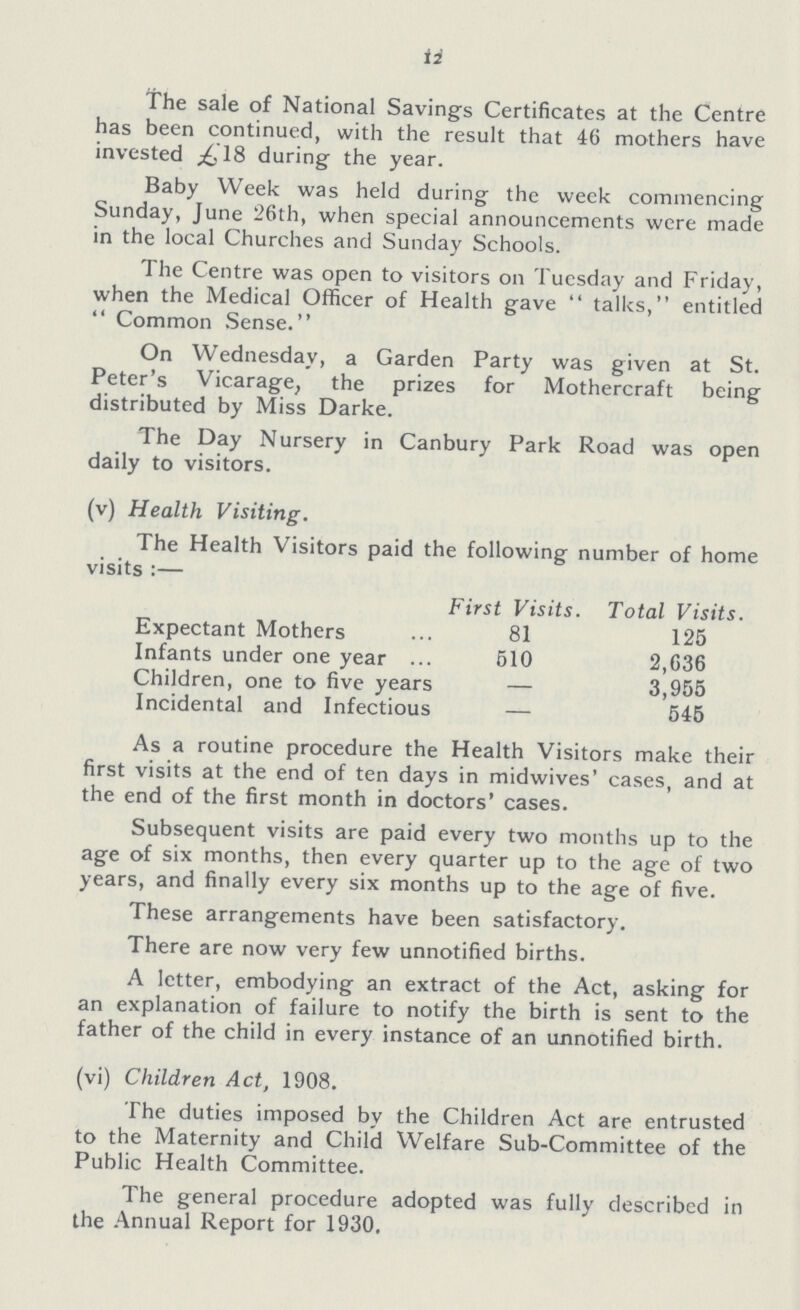 12 The sale of National Savings Certificates at the Centre has been continued, with the result that 46 mothers have invested £18 during the year. Baby Week was held during the week commencing Sunday, June 26th, when special announcements were made in the local Churches and Sunday Schools. The Centre was open to visitors on Tuesday and Friday, when the Medical Officer of Health gave  talks, entitled  Common Sense. On Wednesday, a Garden Party was given at St. Peter's Vicarage, the prizes for Mothercraft being distributed by Miss Darke. The Day Nursery in Canbury Park Road was open daily to visitors. (v) Health Visiting. As a routine procedure the Health Visitors make their first visits at the end of ten days in midwives' cases, and at the end of the first month in doctors' cases. Subsequent visits are paid every two months up to the age of six months, then every quarter up to the age of two years, and finally every six months up to the age of five. These arrangements have been satisfactory. There are now very few unnotified births. A letter, embodying an extract of the Act, asking for an explanation of failure to notify the birth is sent to the father of the child in every instance of an unnotified birth. (vi) Children Act, 1908. The duties imposed by the Children Act are entrusted to the Maternity and Child Welfare Sub-Committee of the Public Health Committee. The general procedure adopted was fully described in the Annual Report for 1930. The Health Visitors paid the following number of home visits:— First Visits. Total Visits. Expectant Mothers 81 125 Infants under one year 510 2,636 Children, one to five years — 3,955 Incidental and Infectious — 545