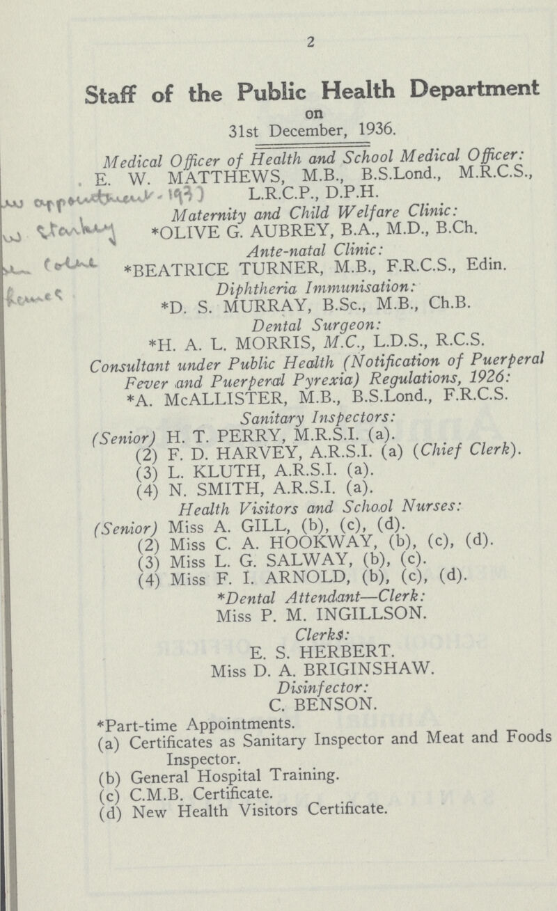 2 Staff of the Public Health Department on 31st December, 1936. Medical Officer of Health and School Medical Officer: E. W. MATTHEWS, M.B., B.S.Lond., M.R.C.S., L.R.C.P., D.P.h. Maternity arid Child Welfare Clinic: *OLIVE G. AUBREY, B.A., M.D., B.Ch. Ante-natal Clinic: *BEATRICE TURNER, M.B., F.R.C.S., Edin. Diphtheria Immunisation: *D. S. MURRAY, B.Sc., M.B., Ch.B. Dental Surgeon: *H. A. L. MORRIS, M.C., L.D.S., R.C.S. Consultant under Public Health (Notification of Puerperal Fever and Puerperal Pyrexia) Regulations, 1926: *a. McAllister, m.b., b.s.Lond., f.r.c.s. Sanitary Inspectors: (Senior) H. T. PERRY, M.R.S.I. (a). (2) F. D. HARVEY, A.R.S.I. (a) (Chief Clerk). (3) L. KLUTH, A.R.S.I. (a). (4) N. SMITH, A.R.S.I. (a). Health Visitors and School Nurses: (Senior) Miss A. GILL, (b), (c), (d). (2) Miss C. A. HOOKWAY, (b), (c), (d). (3) Miss L. G. SALWAY, (b), (c). (4) Miss F. I. ARNOLD, (b), (c), (d). * Dental Attendant—Clerk: Miss P. M. INGILLSON. Clerks: E. S. HERBERT. Miss D. a. briginshaw. Disinfector: C. BENSON. *Part-time Appointments. (a) Certificates as Sanitary Inspector and Meat and Foods Inspector. (b) General Hospital Training. (c) C.M.B. Certificate. (d) New Health Visitors Certificate.