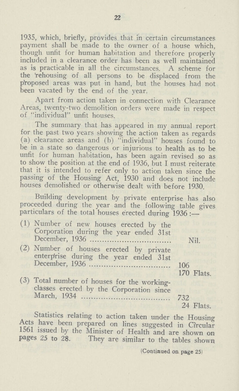 22 1935, which, briefly, provides that in certain circumstances payment shall be made to the owner of a house which, though unfit for human habitation and therefore properly included in a clearance order has been as well maintained as is practicable in all the circumstances. A scheme for the rehousing of all persons to be displaced from the proposed areas was put in hand, but the houses had not been vacated by the end of the year. Apart from action taken in connection with Clearance Areas, twenty-two demolition orders were made in respect of individual unfit houses. The summary that has appeared in my annual report for the past two years showing the action taken as regards (a) clearance areas and (b) individual houses found to be in a state so dangerous or injurious to health as to be unfit for human habitation, has been again revised so as to show the position at the end of 1936, but I must reiterate that it is intended to refer only to action taken since the passing of the Housing Act, 1930 and does not include houses demolished or otherwise dealt with before 1930. Building development by private enterprise has also proceeded during the year and the following table gives particulars of the total houses erected during 1936:— (1) Number of new houses erected by the Corporation during the year ended 31st December, 1936 Nil. (2) Number of houses erected by private enterprise during the year ended 31st December, 1936 106 170 Flats. (3) Total number of houses for the working classes erected by the Corporation since March, 1934 732 24 Flats. Statistics relating to action taken under the Housing Acts have been prepared on lines suggested in Circular 1561 issued by the Minister of Health and are shown on pages 25 to 28. They are similar to the tables shown (Continued on page 25)