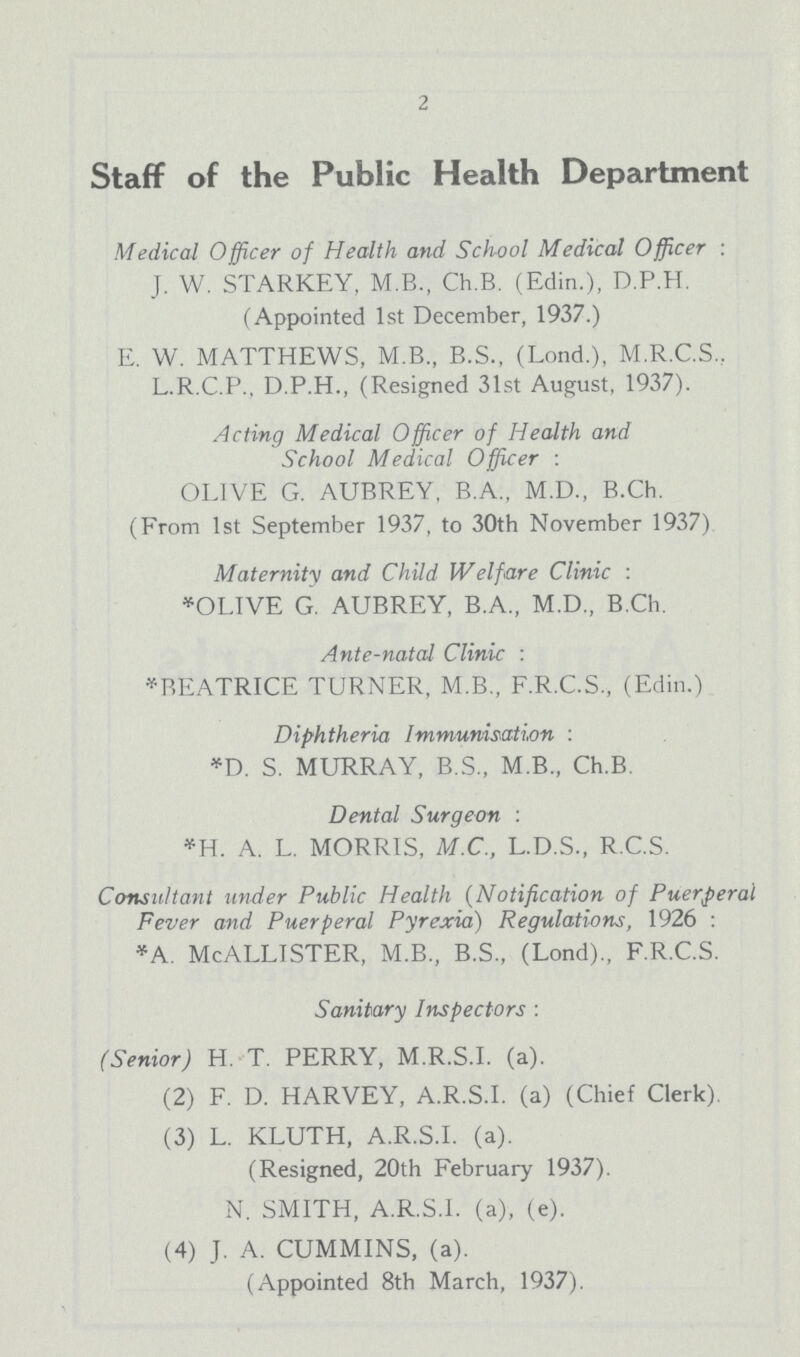 2 Staff of the Public Health Department Medical Officer of Health and School Medical Officer : J. W. STARKEY, M.B., Ch.B. (Edin.), D.P.H. (Appointed 1st December, 1937.) E. W. MATTHEWS, M.B., B.S., (Lond.), M.R.C.S.. L.R.C.P., D.P.H., (Resigned 31st August, 1937). Acting Medical Officer of Health and School Medical Officer : OLIVE G. AUBREY, B.A., M.D., B.Ch. (From 1st September 1937, to 30th November 1937) Maternity and Child Welfare Clinic : *OLIVE G. AUBREY, B.A., M.D., B.Ch. Ante-natal Clinic : *BEATRICE TURNER, M.B., F.R.C.S., (Edin.) Diphtheria Immunisation : *D. S. MURRAY, B.S., M.B., Ch.B. Dental Surgeon : *H. A. L. MORRIS, M.C., L.D.S., R.C.S. Consultant under Public Health (Notification of Puerperal Fever and Puerperal Pyrexia) Regulations, 1926 : *a. McAllister, m.b., b.s., (Lond)., f.r.c.s. Sanitary Inspectors : (Senior) H. T. PERRY, M.R.S.I. (a). (2) F. D. HARVEY, A.R.S.I. (a) (Chief Clerk). (3) L. KLUTH, A.R.S.I. (a). (Resigned, 20th February 1937). N. SMITH, A.R.S.I. (a), (e). (4) J. A. CUMMINS, (a). (Appointed 8th March, 1937).