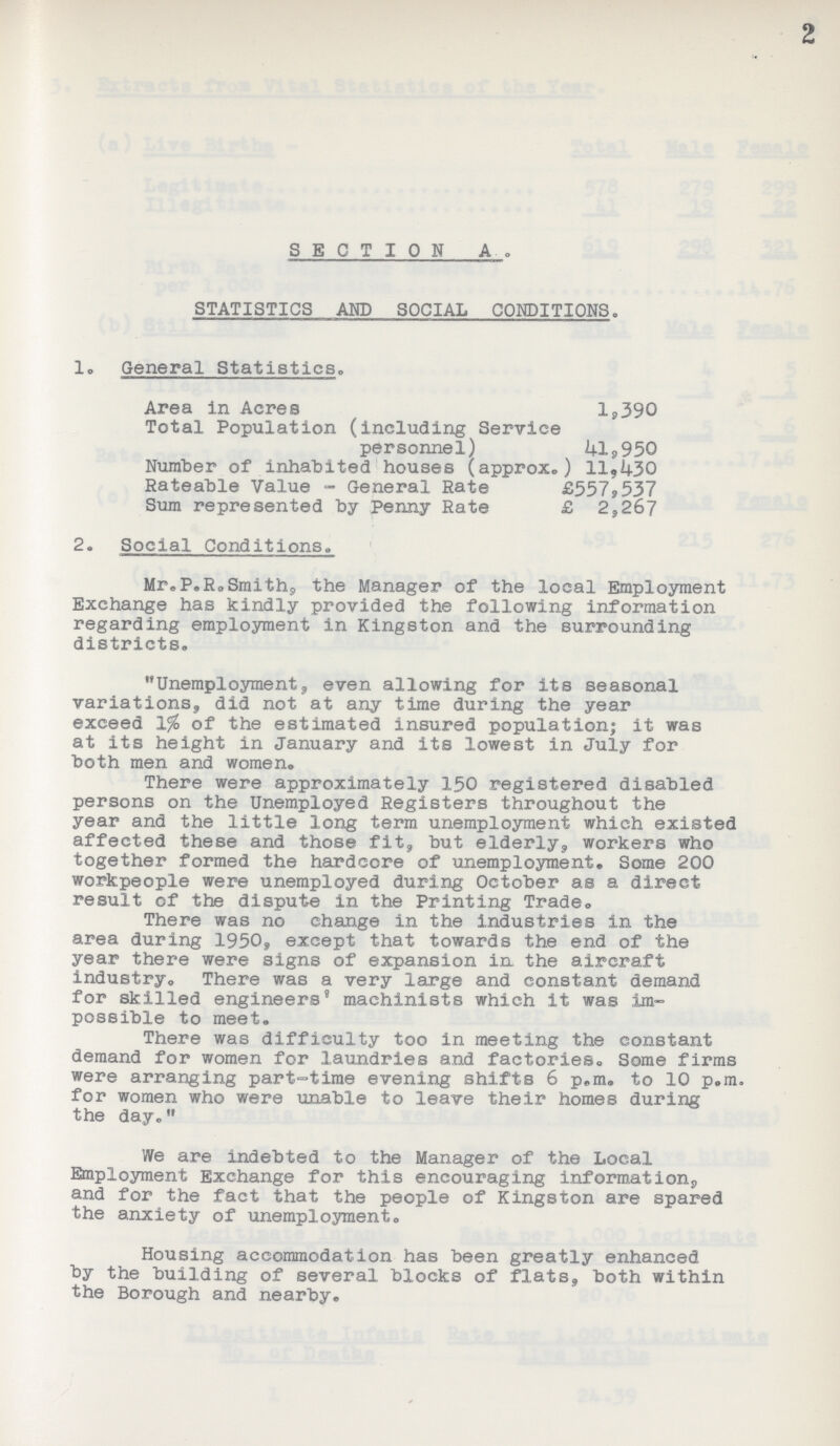 SECTION A. STATISTICS AND SOCIAL CONDITIONS. 1. General Statistics. Area in Acres 1,390 Total Population (including Service personnel) 41,950 Number of inhabited houses (approx.) 11,430 Rateable Value - General Rate £557,537 Sum represented by Penny Rate £ 2,267 2. Social Conditions, Mr.P.RoSmithy the Manager of the local Employment Exchange has kindly provided the following information regarding employment in Kingston and the surrounding districts. Unemployment, even allowing for its seasonal variations, did not at any time during the year exceed 1% of the estimated insured population; it was at its height in January and its lowest in July for both men and women. There were approximately 150 registered disabled persons on the Unemployed Registers throughout the year and the little long term unemployment which existed affected these and those fit, but elderly, workers who together formed the hardcore of unemployment. Some 200 workpeople were unemployed during October as a direct result of the dispute in the Printing Trade., There was no change in the industries in the area during 1950, except that towards the end of the year there were signs of expansion in the aircraft industry. There was a very large and constant demand for skilled engineers' machinists which it was im possible to meet. There was difficulty too in meeting the constant demand for women for laundries and factories. Some firms were arranging part-time evening shifts 6 p.m. to 10 p.m. for women who were unable to leave their homes during the day. We are indebted to the Manager of the Local Employment Exchange for this encouraging information, and for the fact that the people of Kingston are spared the anxiety of unemployment. Housing accommodation has been greatly enhanced by the building of several blocks of flats, both within the Borough and nearby.