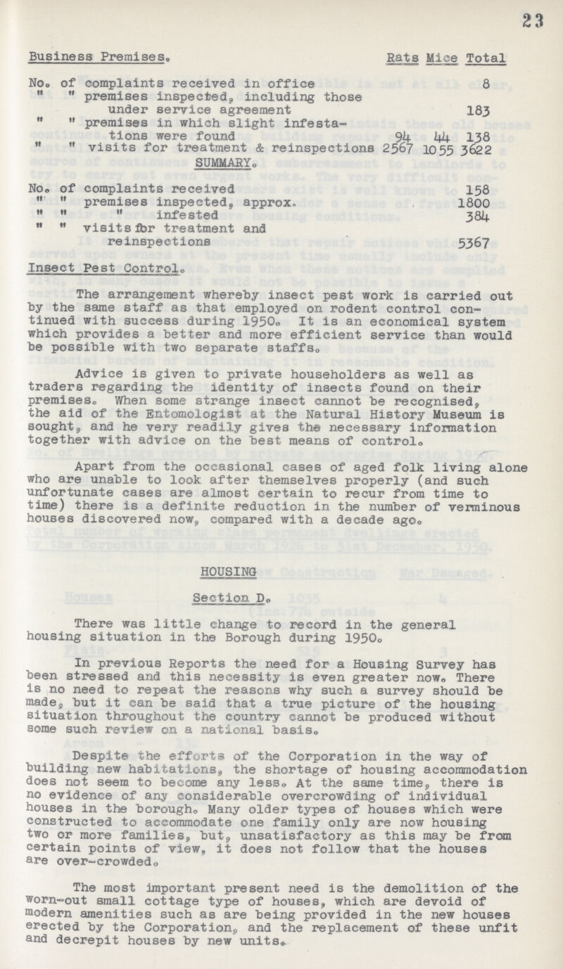 23 Business Premises. Rats Mice Total No. of complaints received in office 8   premises inspected, including those under service agreement 183   premises in which slight infesta tions were found 94 44 138   visits for treatment & reinspections 2567 1055 3622 SUMMARY. No. of complaints received 158   premises inspected, approx. 1800    infested 384   visits for treatment and reinspections 5367 Insect Pest Control. The arrangement whereby insect pest work is carried out by the same staff as that employed on rodent control con tinued with success during 1950. It is an economical system which provides a better and more efficient service than would be possible with two separate staffs. Advice is given to private householders as well as traders regarding the identity of insects found on their premises. When some strange insect cannot be recognised, the aid of the Entomologist at the Natural History Museum is sought, and he very readily gives th© necessary information together with advice on the best means of control. Apart from the occasional cases of aged folk living alone who are unable to look after themselves properly (and such unfortunate cases are almost certain to recur from time to time) there is a definite reduction in the number of verminous houses discovered now, compared with a decade ago. HOUSING Section D. There was little change to record in the general housing situation in the Borough during 1950. In previous Reports the need for a Housing Survey has been stressed and this necessity is even greater now. There is no need to repeat the reasons why such a survey should be made. but it can be said that a true picture of the housing situation throughout the country cannot be produced without some such review on a national basis© Despite the efforts of the Corporation in the way of building new habitations, the shortage of housing accommodation does not seem to become any less. At the same time, there is no evidence of any considerable overcrowding of individual houses in the borough. Many older types of houses which were constructed to accommodate one family only are now housing two or more families, but, unsatisfactory as this may be from certain points of view, it does not follow that the houses are over-crowded. The most important present need is the demolition of the worn-out small cottage type of houses, which are devoid of modern amenities such as are being provided in the new houses erected by the Corporations, and the replacement of these unfit and decrepit houses by new units.
