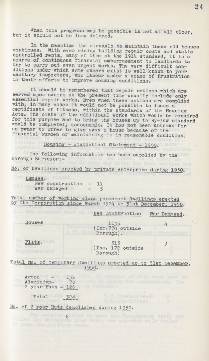 24 When this progress may be possible is not at all clear, but it should not be long delayed. In the meantime the struggle to maintain these old houses continues. With ever rising building repair costs and static controlled rents, many of them at the 1914 standard, it is a source of continuous financial embarrassment to landlords to try to carry out even urgent works. The very difficult con ditions under which some owners exist is well known to your sanitary inspectors, who labour under a sense of frustration in their efforts to improve housing conditions,, It should be remembered that repair notices which are served upon owners at the present time usually include only essential repair works. Even when these notices are complied with, in many cases it would not be possible to issue a certificate of fitness, within the standards of the Housing Acts. The costs of the additional works which would be required for this purpose and to bring the houses up to By-law standard would be completely uneconomic. It has not been unknown for an owner to offer to give away a house because of the financial burden of maintaining it in reasonable condition. Housing-Statistical Statement-1950. The following information has been supplied by the Borough Surveyor:- No. of Dwellings erected by private enterprise during 1950. Houses. New construction - 11 War Damaged - 5 Total number of working class permanent dwellings erected by the Corporation since March 1924 to 31st December, 1950. New Construction War Damaged. Houses 1035 (Inc.774 outside Borough). 4 Flats- 515 (Inc. 172 outside Borough) 3 Total No. of temporary dwellings erected up to 51st December. 1950. Arcon - 132 Aluminium - 70 2 year Huts - 126 Total 328 No. of 2 year Huts demolished during 1950. 6