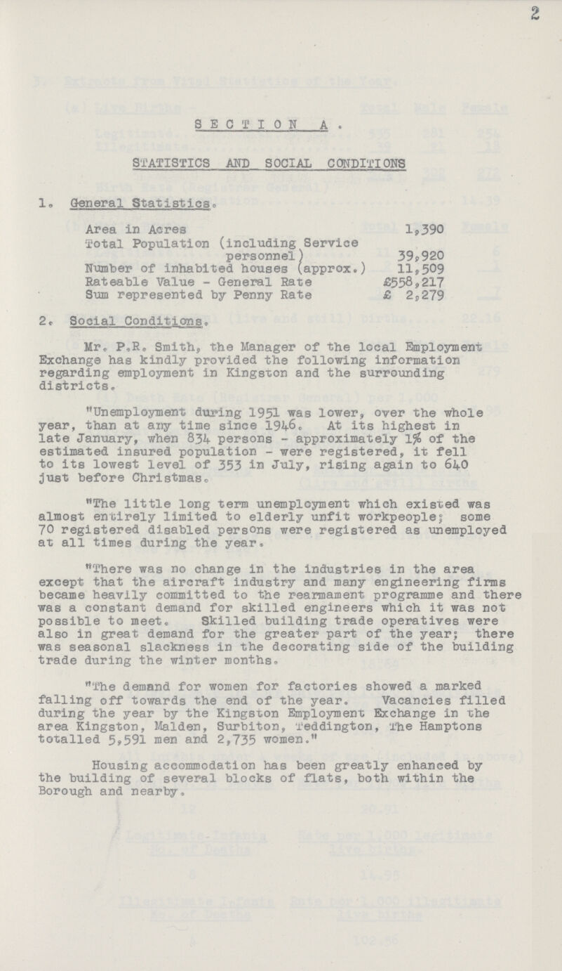 2 SECTION A . STATISTICS MP SOCIAL CONDITIONS 1, General Staxisties. Area in Acres 1,390 Total Population (including Service personnel) 39,920 Number of inhabited houses (approx.) ll,509 Rateable Value - General Rate £558?217 Siraa represented by Penny Rate £ 2,279 2. Social Conditions. Mr, P,R. Smith, the Manager of the local Employment Exchange has kindly provided the following information regarding employment in Kingston and the surrounding districts. Unemployment during 1951 was lower, over the whole year, than at any time since 1946. At its highest in late January, when 834 persons - approximately 1% of the estimated insured population - were registered, it fell to its lowest level of 353 in July, rising again to 640 just before Christmas. The little long term unemployment which existed was almost entirely limited to elderly unfit work people; some 70 registered disabled persons were registered as unemployed at all times during the year. There was no change in the industries in the area except that the aircraft industry and many engineering firms became heavily committed to the rearmament programme and there was a constant demand for skilled engineers which it was not possible to meet. Skilled building trade operatives were also in great demand for the greater part of the year; there was seasonal slackness in the decorating side of the building trade during the winter months. The demand for women for factories showed a marked falling off towards the end of the year. Vacancies filled during the year by the Kingston Employment Exchange in the area Kingston, Maiden, Surbiton, Teddington, The Hamptons totalled 5,591 men and 2,735 women. Housing accommodation has been greatly enhanced by the building of several blocks of flats, both within the Borough and nearby.