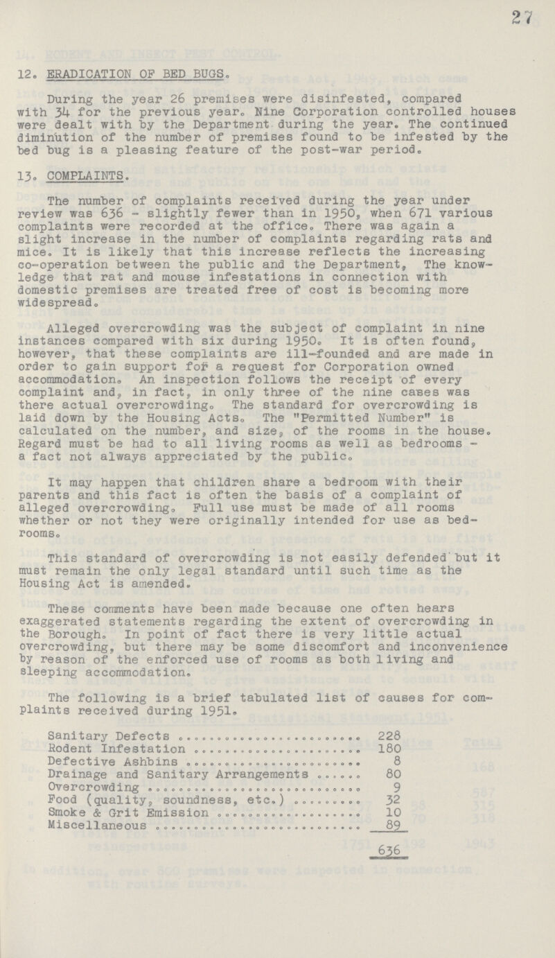 27 12. ERADICATION OF BED BUGS. During the year 26 premises were disinfested, compared with 34 for the previous year. Nine Corporation controlled houses were dealt with by the Department during the year. The continued diminution of the number of premises found to he infested by the bed bug is a pleasing feature of the post-war period, 13, COMPLAINTS. The number of complaints received during the year under review was 636 - slightly fewer than in 1950, when 671 various complaints were recorded at the office. There was again a slight increase in the number of complaints regarding rats and mice. It is likely that this increase reflects the increasing co-operation between the public and the Department, The know ledge that rat and mouse infestations in connection with domestic premises are treated free of cost is becoming more widespread. Alleged overcrowding was the subject of complaint in nine instances compared with six during 1950. It is often found, however, that these complaints are ill—founded and are made in order to gain support for a request for Corporation owned accommodation. An inspection follows the receipt of every complaint and, in fact, in only three of the nine cases was there actual overcrowding. The standard for overcrowding is laid down by the Housing Acts, The Permitted Number i6 calculated on the number, and size, of the rooms in the house. Regard must be had to all living rooms as well as bedrooms a fact not always appreciated by the public. It may happen that children share a bedroom with their parents and this fact is often the basis of a complaint of alleged overcrowding. Full use must be made of all rooms whether or not they were originally intended for use as bed rooms. This standard of overcrowding is not easily defended' but it must remain the only legal standard until such time as the Housing Act is amended. These comments have been made because one often hears exaggerated statements regarding the extent of overcrowding in the Borough, In point of fact there is very little actual overcrowding, but there may be some discomfort and inconvenience by reason of the enforced use of rooms as both living and sleeping accommodation. The following is a brief tabulated list of causes for com plaints received during 1951. Sanitary Defects 228 Rodent Infestation 180 Defective Ashbins 8 Drainage and Sanitary Arrangements 80 Overcrowding 9 Food (quality, soundness, etc.) 32 Smoke & Grit Emission 10 Miscellaneous 89 636