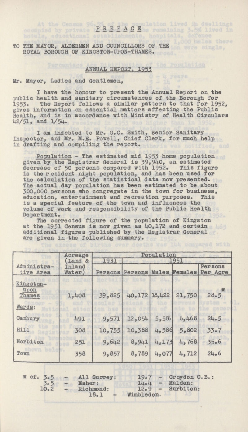 PREFACE TO THE MAYOR, ALDERMEN AND COUNCILLORS OF THE ROYAL BOROUGH OF KINGSTON-UPON-THAMES. ANNUAL REPORT, 1953 Mr. Mayor, Ladies and Gentlemen, I have the honour to present the Annual Report on the public health and sanitary circumstances of the Borough for 1953. The Report follows a similar pattern to that for 1952, gives information on essential matters affecting the Public Health, and is in accordance with Ministry of Health Circulars 42/51, and 1/54. I am indebted to Mr. G.C. Smith, Senior Sanitary Inspector, and Mr. M.E. Powell, Chief Clerk, for much help in drafting and compiling the report. Population - The estimated mid 1953 home population given by the Registrar General is 39,940, an estimated decrease of 50 persons compared with 1952. This figure is the r esident night population, and has been used for the calculation of the statistical data now presented. The actual day population has been estimated to be about 300,000 persons who congregate in the town for business, education, entertainment and recreation purposes. This is a special feature of the town and influences the volume of work and responsibility of the Public Health Department. The corrected figure of the population of Kingston at the 1951 Census is now given as 40,172 and certain additional figures published by the Registrar General are given in the following summary. Administra tive Area Acreage (Land & Inland Water) Ponulat ion 1931 1951 Persons Persons Males Females Persons Per Acre Kingston upon Thames 1,408 39,825 40,172 18,422 21,750 28.5 Wards: Caribury 491 9,571 12,054 5,596 6,468 24.5 Hill 308 10,755 10,388 4,586 5,802 33.7 Norbiton 251 9,642 8,941 4,173 4,768 35.6 Town 358 9,857 8,789 4,077 4,712 24.6 * cf. 3.5 3.5 10.2 All Surrey: Esher: Richmond: 18.1 19.7 14.4 12.9 Wimbledon. Croydon C.B. : Maiden: Surbiton: