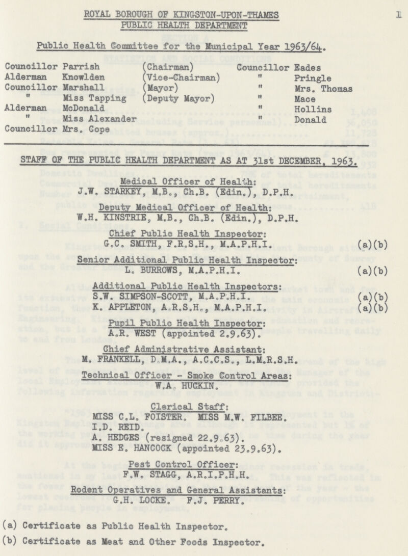 1 ROYAL BOROUGH OF KINGSTON-UPON-THAMES PUBLIC HEALTH DEPARTMENT Public Health Committee for the Municipal Year 1963/64. Councillor Parrish (Chairman) Councillor Eades Alderman Knowlden (Vice-Chairman)  Pringle Councillor Marshall (Mayor)  Mrs. Thomas Miss Tapping (Deputy Mayor)  Mace Alderman McDonald  Hollins Miss Alexander  Donald Councillor Mrs. Cope STAFF OF THE PUBLIC HEALTH DEPARTMENT AS AT 51st DECEMBER. 1963. Medical Officer of Health: J.W. STARKEY, M,B., Ch.B. (Edin.), D.P.H. Deputy Medical Officer of Health: W.H. KINSTRIE, M.B., Ch.B. (Edin.),D.P.H. Chief Public Health Inspector: G.C. SMITH, F.R.S.H., M.A.P.H.I. (a)(b) Senior Additional Public Health Inspector: L. BURROWS, M.A.P.H.I. (a)(b) Additional Publio Health Inspectors: S.W. SIMPSON-SCOTT, M.A.P.H.I. (a)(b) K. APPLETON, A.R.S.H M.A.P.H.I. (a)(b) Pupil Public Health Inspector: A„R. WEST (appointed 2.9,63). Chief Administrative Assistant: M. FRANKELL, D.M.A., A.C.C.S., L.M.R.S.H. Technical Officer- Smoke Control Areas: W,A HUCKIN. Clerical Staff: MISS C.L. FOISTER. MISS M.W. FILBEE. I.D. REID. A. HEDGES (resigned 22.9.63). MISS E. HANCOCK (appointed 23.9.63). Pest Control Officer: F.W. STAGG, A.R.I.P.H.H. Rodent Operatives and General Assistants: G.H. LOCKE. F.J. PERRY. (a) Certificate as Public Health Inspector. (b) Certificate as Meat and Other Foods Inspector.