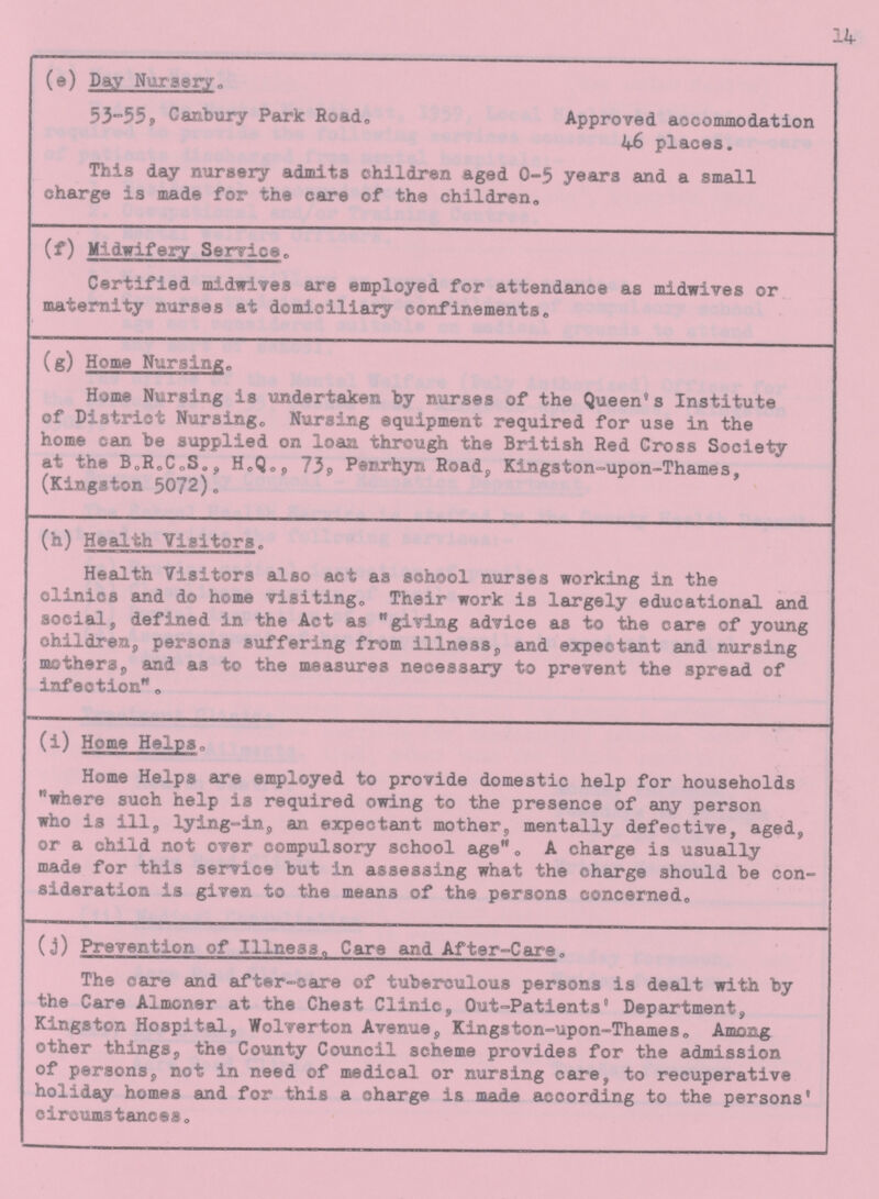14 (e) Day Nursery- 53-55, Canbury Park Road„ Approved accommodation 46 places. This day nursery admits children aged 0-5 years and a small charge is made for the care of the children, (f) Midwifery Service, Certified midwifes are employed for attendance as midwives or maternity nurses at domiciliary confinements, (g) Home Nursing, Home Nursing is undertaken by nurses of the Queen's Institute of District Nursing, Nursing equipment required for use in the home can be supplied on loan through the British Red Cross Society at the B.R.C.S., H.Q., 73, Penrhyn Road, Kingston-upon-Thames, (Kingston 5072). (h) Health Visitors, Health Visitors also act as sehool nurses working in the clinics and do home visiting. Their work is largely educational and social, defined in the Act as giving advice as to the care of young children, persons suffering from illness, and expectant and nursing mothers, and as to the measures necessary to prevent the spread of infection, (i) Home Helps, Home Helps are employed to provide domestic help for households where such help is required owing to the presence of any person who is ill, lying-in, an expectant mother, mentally defective, aged, or a child not over compulsory school age„ A charge is usually made for this service but in assessing what the charge should be con sideration is given to the means of the persons concerned, (j) Prevention of Illness„ Care and After-Cars, The eare and after-care of tuberculous persons is dealt with by the Care Almoner at the Chest Clinic, Out-Patients' Department, Kingston Hospital, Wolrerton Avenue, Kingston-upon-Thames, Among other things, the County Council scheme provides for the admission of persons, not in need of medical or nursing care, to recuperative holiday homes and for this a charge is made according to the persons' circumstances.