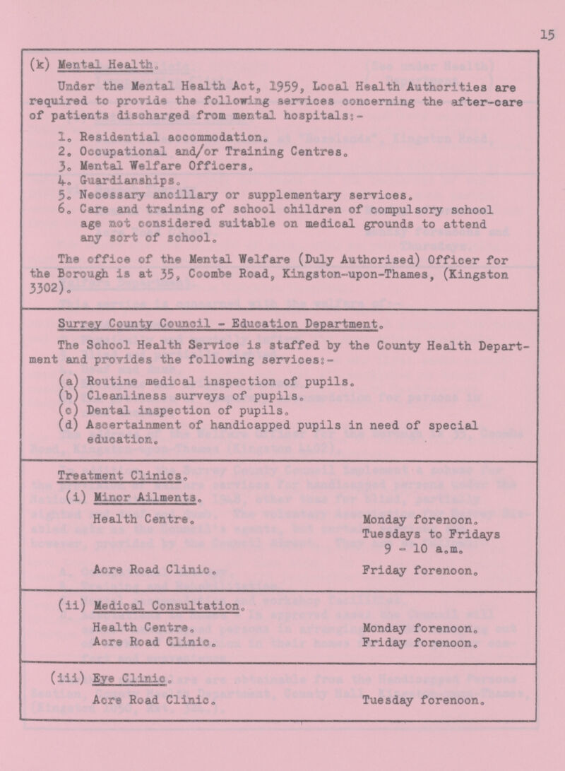 15 (k) Mental Health, Under the Mental Health Act, 1959, Local Health Authorities are required to provide the following services concerning the after-care of patients discharged from mental hospitals?- 10 Residential accommodation,, 2„ Occupational and/or Training Centres, 3o Mental Welfare Officers, 4o GuardianshipSo 5. Necessary ancillary or supplementary services. 6„ Care and training of school children of compulsory school age not considered suitable on medical grounds to attend any sort of school„ The office of the Mental Welfare (Duly Authorised) Officer for the Borough is at 35, Coombe Road, Kingston-upon-Thames, (Kingston 3302), Surrey County Council - Education Department„ The School Health Service is staffed by the County Health Depart ment and provides the following services;- (a) Routine medical inspection of pupils, (b) Cleanliness surveys of pupils, (c) Dental inspection of pupils, (d) Ascertainment of handicapped pupils in need of special education. Treatment Clinics, (i) Minor Ailments, Health Centre, Monday forenoon, Tuesdays to Fridays 9 - 10 a„m. Acre Road Clinic, Friday forenoon. (ii) Medical Consultation, Health Centre, Monday forenoon. Acre Road Clinic, Friday forenoon. (iii) Eye Clinic, Acre Road Clinic, Tuesday forenoon.