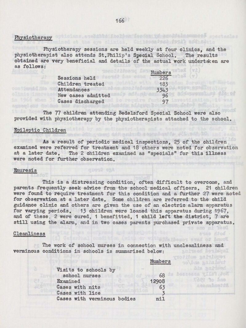 166 Physiotherapy Physiotherapy sessions are held weekly at four clinics, and the physiotherapist also attends St.Philip's Special School. The results obtained are very beneficial and details of the actual work undertaken are as follows: Numbers Sessions held 226 Children treated 183 Attendances 3343 New cases admitted 96 Cases discharged 97 The 77 children attending Bedelsford Special School were also provided with physiotherapy by the physiotherapists attached to the school. Epileptic Children As a result of periodic medical inspections, 25 of the children examined were referred for treatment and 18 others were noted for observation at a later date. The 2 children examined as specials for this illness were noted for further observation. Enuresis This is a distressing condition, often difficult to overcome, and parents frequently seek advice from the school medical officers. 21 children were found to require treatment for this condition and a further 27 were noted for observation at a later date. Some children are referred to the child guidance clinic and others are given the use of an electric alarm apparatus for varying periods. 13 children were loaned this apparatus during 1967, and of these. 2 were cured, 1 benefitted, 1 child left the district, 7 are still using the alarm, and in two cases parents purchased private apparatus. Cleanliness The work of school nurses in connection with uncleanliness and verminous conditions in schools is summarised below: Numbers Visits to schools by school nurses 68 Examined 12908 Cases with nits 63 Cases with lice 3 Cases with verminous bodies nil