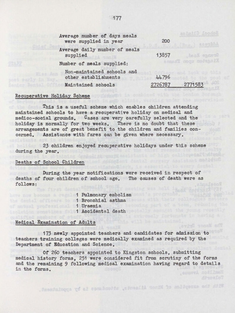 177 Average number of days meals were supplied in year 200 Average daily number of meals supplied 13857 Number of meals supplied: Non-maintained schools and other establishments 44796 Maintained schools 2726787 2771583 Recuperative Holiday Scheme This is a useful scheme which enables children attending maintained schools to have a recuperative holiday on medical and medico-social grounds. Cases are very carefully selected and the holiday is normally for two weeks. There is no doubt that these arrangements are of great benefit to the children and families con cerned. Assistance with fares can be given where necessary. 23 children enjoyed recuperative holidays under this scheme during the year. Deaths of School Children During the year notifications were received in respect of deaths of four children of school age. The causes of death were as follows: 1 Pulmonary embolism 1 Bronchial asthma 1 Uraemia 1 Accidental death Medical Examination of Adults 173 newly appointed teachers and candidates for admission to teachers training colleges were medically examined as required by the Department of Education and Science. Of 260 teachers appointed to Kingston schools, submitting medical history forms, 251 were considered fit from scrutiny of the forms and the remaining 9 following medical examination having regard to details in the forms.