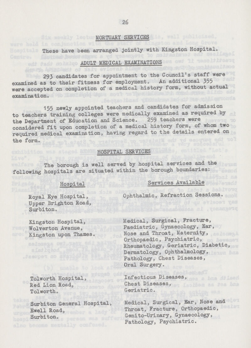 26 MORTUARY SERVICES These have been arranged jointly with Kingston Hospital. ADULT MEDICAL EXAMINATIONS 293 candidates for appointment to the Council's staff were examined as to their fitness for employment. An additional 355 were accepted on completion of a medical history form, without actual examination. 155 newly appointed teachers and candidates for admission to teachers training colleges were medically examined as required by the Department of Education and Science. 259 teachers were considered fit upon completion of a medical history form, of whom two required medical examination, having regard to the details entered on the form. HOSPITAL SERVICES The borough is well served by hospital services and the following hospitals are situated within the borough boundaries: Hospital Royal Eye Hospital, Upper Brighton Road, Surbiton. Kingston Hospital, Wolverton Avenue, Kingston upon Thames. Tolworth Hospital, Red Lion Road, Tolworth. Surbiton General Hospital, Ewell Road, Surbiton. Services Available Ophthalmic, Refraction Sessions. Medical, Surgical, Fracture, Paediatric, Gynaecology, Ear, Nose and Throat, Maternity, Orthopaedic, Psychiatric, Rheumatology, Geriatric, Diabetic, Dermatology, Ophthalmology, Pathology, Chest Diseases, Oral Surgery. Infectious Diseases, Chest Diseases, Geriatric. Medical, Surgical, Ear, Nose and Throat, Fracture, Orthopaedic, Genito-Urinary, Gynaecology, Pathology, Psychiatric.