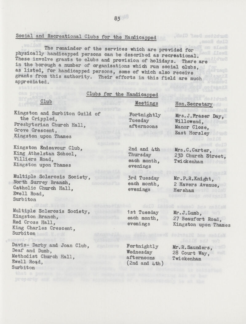 83 Social and Recreational Clubs for the Handicapped. The remainder of the services which are provided for physically handicapped persons can be described as recreational. These involve grants to clubs and provision of holidays. There are in the borough a number of organisations which run social clubs, as listed, for handicapped persons, some of which also receive grants from this authority. Their efforts in this field are much appreciated. Clubs for the Handicapped Club Meetings Hon.Secretary Kingston and Surbiton Guild of the Crippled, Presbyterian Church Hall, Grove Crescent, Kingston upon Thames Fortnightly Tuesday afternoons Mrs.J.Fraser Day, Willowend, Manor Close, East Horsley Kingston Endeavour Club, King Athelstan School, Villiers Road, Kingston upon Thames 2nd and 4th Thursday each month, evenings Mrs.C.Carter, 23D Church Street, Twickenham Multiple Sclerosis Society, North Surrey Branch, Catholic Church Hall, Ewe 11 Road, Surbiton 3rd Tuesday each month, evenings Mr.P.R. Knight, 2 Havers Avenue, Hersham Multiple Sclerosis Society, Kingston Branch, Red Cross Hall, King Charles Crescent, Surbiton 1st Tuesday each month, evenings Mr.J.Lumb, 27 Beaufort Road, Kingston upon Thames Davis- Darby and Joan Club, Deaf and Dumb, Methodist Church Hall, Ewell Ro%d, Surbiton Fortnightly Wednesday afternoons (2nd and 4th) Mr.R.Saunders, 28 Court Way, Twickenham