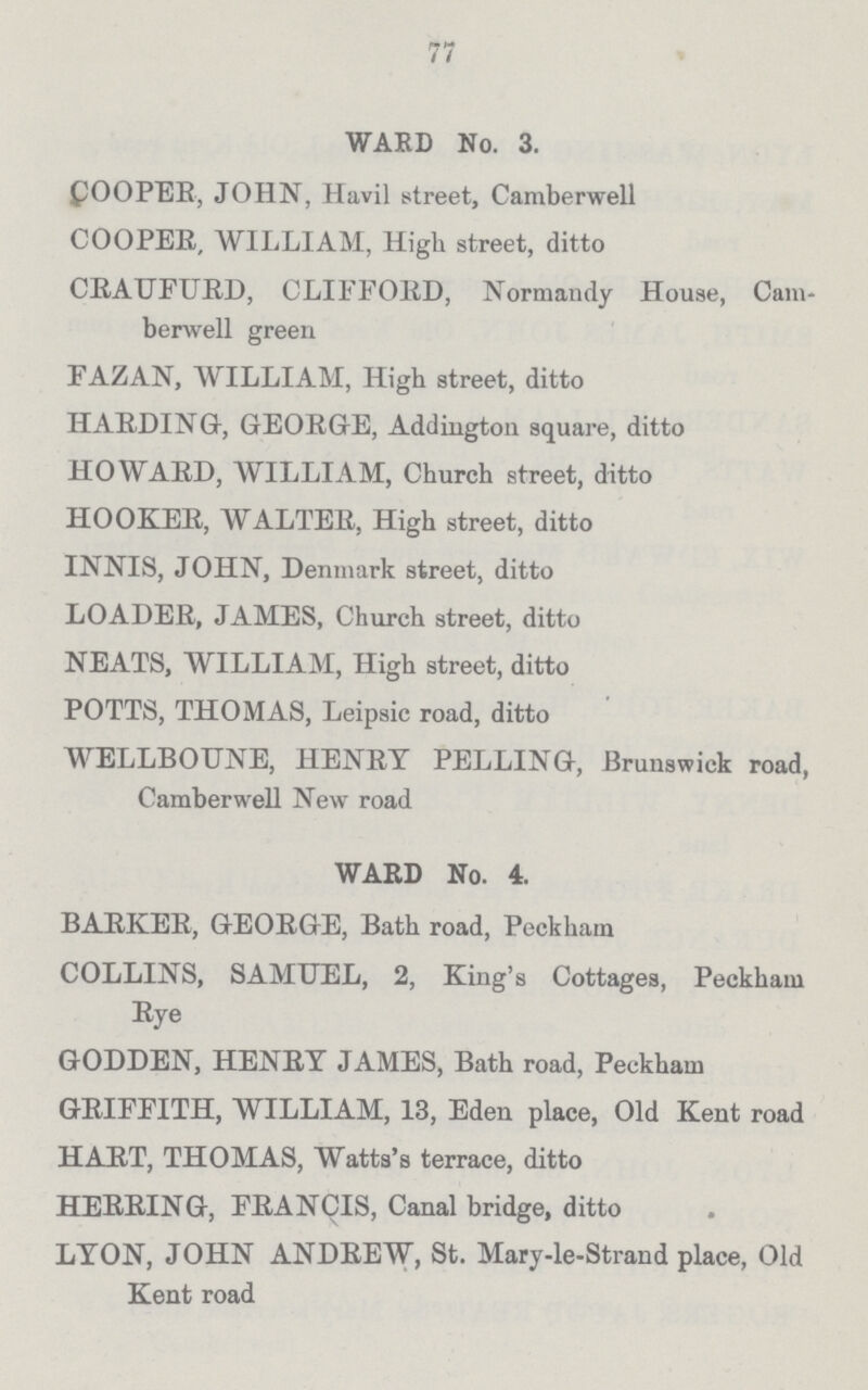 77 WARD No. 3. COOPER, JOHN, Havil street, Camberwell COOPER, WILLIAM, High street, ditto CRAUFURD, CLIFFORD, Normandy House, Cam berwell green FAZAN, WILLIAM, High street, ditto HARDING, GEORGE, Addington square, ditto HOWARD, WILLIAM, Church street, ditto HOOKER, WALTER, High street, ditto INNIS, JOHN, Denmark street, ditto LOADER, JAMES, Church street, ditto NEATS, WILLIAM, High street, ditto POTTS, THOMAS, Leipsic road, ditto WELLBOUNE, HENRY PELLING, Brunswick road, Camberwell New road WARD No. 4. BARKER, GEORGE, Bath road, Peckham COLLINS, SAMUEL, 2, King's Cottages, Peckham Rye GODDEN, HENRY JAMES, Bath road, Peckham GRIFFITH, WILLIAM, 13, Eden place, Old Kent road HART, THOMAS, Watts's terrace, ditto HERRING, FRANCIS, Canal bridge, ditto LYON, JOHN ANDREW, St. Mary-le-Strand place, Old Kent road