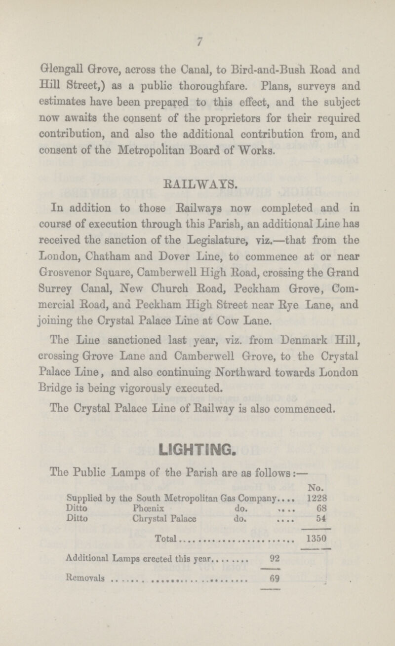 7 Glengall Grove, across the Canal, to Bird-and-Bush Road and Hill Street,) as a public thoroughfare. Plans, surveys and estimates have been prepared to this effect, and the subject now awaits the consent of the proprietors for their required contribution, and also the additional contribution from, and consent of the Metropolitan Board of Works. RAILWAYS. In addition to those Railways now completed and in course of execution through this Parish, an additional Line has received the sanction of the Legislature, viz.—that from the London, Chatham and Dover Line, to commence at or near Grosvenor Square, Camber well High Road, crossing the Grand Surrey Canal, New Church Road, Peckham Grove, Com mercial Road, and Peckham High Street near Rye Lane, and joining the Crystal Palace Line at Cow Lane. The Line sanctioned last year, viz. from Denmark Hill, crossing Grove Lane and Camber well Grove, to the Crystal Palace Line, and also continuing Northward towards London Bridge is being vigorously executed. The Crystal Palace Line of Railway is also commenced. LIGHTING. The Public Lamps of the Parish are as follows:- No. Supplied by the South Metropolitan Gas Company 1228 Ditto Phoenix do. 68 Ditto Chrystal Palace do. 54 Total 1350 Additional Lamps erected this year 92 Removals 69