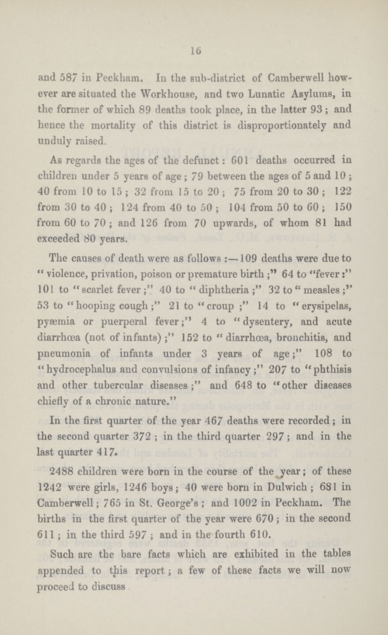 16 and 587 in Peckham. In the sub-district of Camberwell how ever are situated the Workhouse, and two Lunatic Asylums, in the former of which 89 deaths took place, in the latter 93; and hence the mortality of this district is disproportionately and unduly raised. As regards the ages of the defunct: 601 deaths occurred in children under 5 years of age; 79 between the ages of 5 and 10, 40 from 10 to 15; 32 from 15 to 20; 75 from 20 to 30; 122 from 30 to 40; 124 from 40 to 50; 104 from 50 to 60; 150 from 60 to 70; and 126 from 70 upwards, of whom 81 had exceeded 80 years. The causes of death were as follows:— 109 deaths were due to violence, privation, poison or premature birth;” 64 to fever;” 101 to scarlet fever;” 40 to diphtheria 32 to measles;” 53 to hooping cough;” 21 to croup;” 14 to erysipelas, pyaemia or puerperal fever;” 4 to dysentery, and acute diarrhoea (not of infants);” 152 to  diarrhœa, bronchitis, and pneumonia of infants under 3 years of age;” 108 to hydrocephalus and convulsions of infancy;” 207 to phthisis and other tubercular diseases;” and 648 to other diseases chiefly of a chronic nature. In the first quarter of the year 467 deaths were recorded; in the second quarter 372 ; in the third quarter 297; and in the last quarter 417. 2488 children were born in the course of the year; of these 1242 were girls, 1246 boys; 40 were born in Dulwich; 681 in Camberwell; 765 in St. George's; and 1002 in Peckham. The births in the first quarter of the year were 670; in the second 611; in the third 597; and in the fourth 610. Such are the bare facts which are exhibited in the tables appended to this report; a few of these facts we will now proceed to discuss