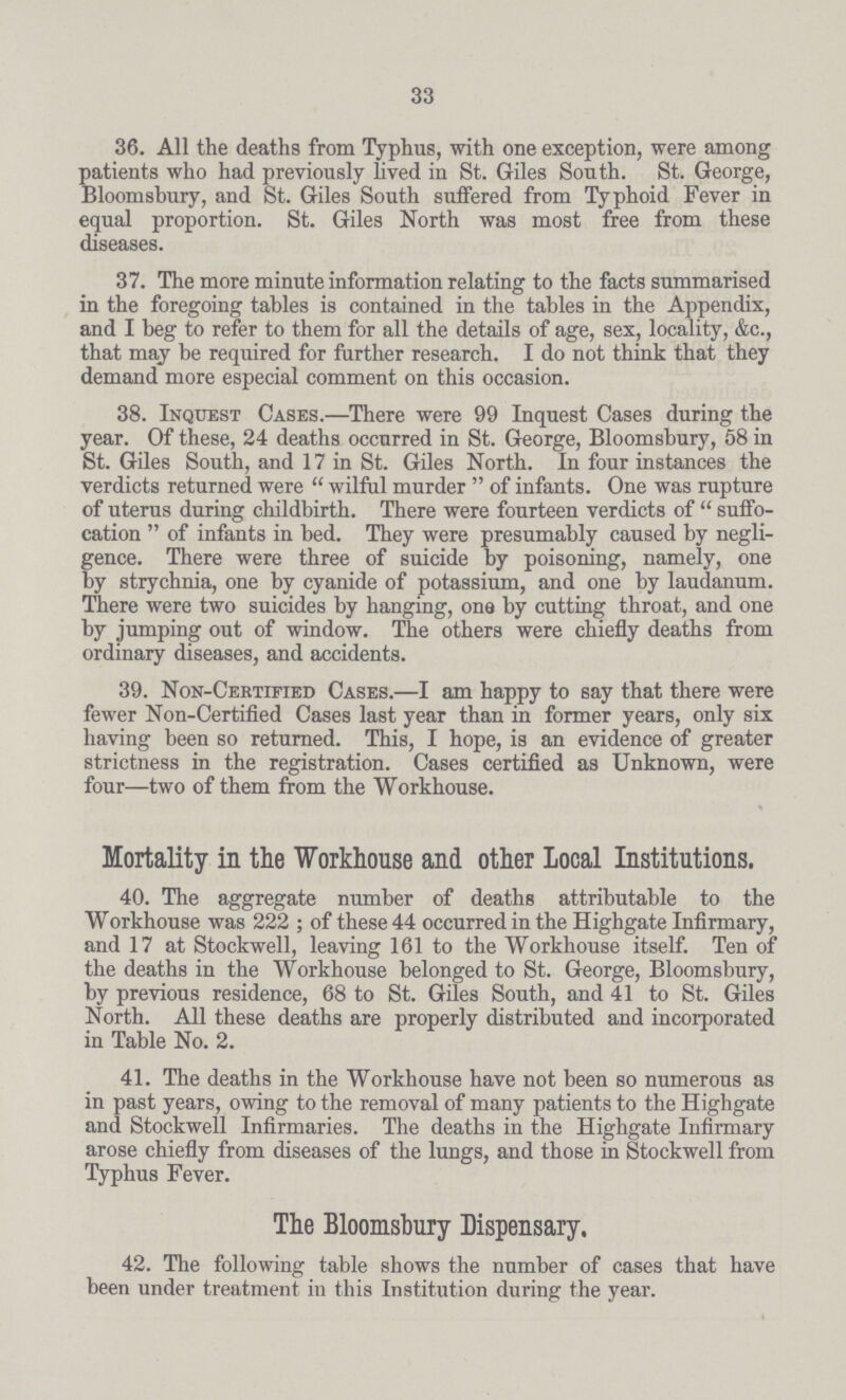33 36. All the deaths from Typhus, with one exception, were among patients who had previously lived in St. Giles South. St. George, Bloomsbury, and St. Giles South suffered from Typhoid Fever in equal proportion. St. Giles North was most free from these diseases. 37. The more minute information relating to the facts summarised in the foregoing tables is contained in the tables in the Appendix, and I beg to refer to them for all the details of age, sex, locality, &c., that may be required for further research. I do not think that they demand more especial comment on this occasion. 38. Inquest Cases.—There were 99 Inquest Cases during the year. Of these, 24 deaths occurred in St. George, Bloomsbury, 58 in St. Giles South, and 17 in St. Giles North. In four instances the verdicts returned were  wilful murder  of infants. One was rupture of uterus during childbirth. There were fourteen verdicts of suffo cation of infants in bed. They were presumably caused by negli gence. There were three of suicide by poisoning, namely, one by strychnia, one by cyanide of potassium, and one by laudanum. There were two suicides by hanging, one by cutting throat, and one by jumping out of window. The others were chiefly deaths from ordinary diseases, and accidents. 39. Non-Certified Cases.—I am happy to say that there were fewer Non-Certified Cases last year than in former years, only six having been so returned. This, I hope, is an evidence of greater strictness in the registration. Cases certified as Unknown, were four—two of them from the Workhouse. Mortality in the Workhouse and other Local Institutions. 40. The aggregate number of deaths attributable to the Workhouse was 222; of these 44 occurred in the Highgate Infirmary, and 17 at Stockwell, leaving 161 to the Workhouse itself. Ten of the deaths in the Workhouse belonged to St. George, Bloomsbury, by previous residence, 68 to St. Giles South, and 41 to St. Giles North. All these deaths are properly distributed and incorporated in Table No. 2. 41. The deaths in the Workhouse have not been so numerous as in past years, owing to the removal of many patients to the Highgate and Stockwell Infirmaries. The deaths in the Highgate Infirmary arose chiefly from diseases of the lungs, and those in Stockwell from Typhus Fever. The Bloomsbury Dispensary. 42. The following table shows the number of cases that have been under treatment in this Institution during the year.