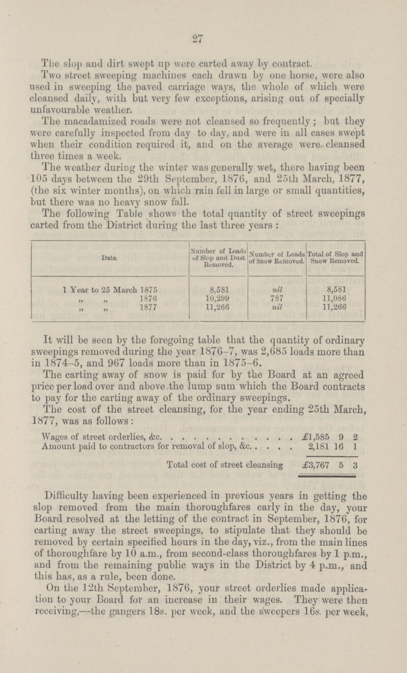 27 The slop and dirt swept up were carted away by contract. Two street sweeping machines each drawn by one horse, were also used in sweeping the paved carriage ways, the whole of which were cleansed daily, with but very few exceptions, arising out of specially unfavourable weather. The macadamized roads were not cleansed so frequently; but they were carefully inspected from day to day, and were in all cases swept when their condition required it, and on the average were cleansed three times a week. The weather during the winter was generally wet, there having been 105 days between the 29tli September, 1876, and 25th March, 1877, (the six winter months), on which rain fell in large or small quantities, but there was no heavv snow fall. The following Table shows the total quantity of street sweepings carted from the District during the last three years: Date. Number of Loads of Slop and Dust Removed. Number of Loads of Snow Removed. Total of Slop and Snow Removed. 1 Year to 25 March 1875 8,581 nil 8,581 1870 10,299 787 11,086 1877 11,266 nil 11,266 It will be seen by the foregoing table that the quantity of ordinary sweepings removed during the year 1876-7, was 2,685 loads more than in 1874-5, and 967 loads more than in 1875-6. The carting away of snow is paid for by the Board at an agreed price per load over and above the lump sum which the Board contracts to pav for the carting away of the ordinary sweepings. The cost of the street cleansing, for the year ending 25th March, 1877, was as follows: £1,585 9 2 Amount paid to contractors for removal of slop, &c 2,181 16 1 Total cost of street cleansing £3,767 5 3 Difficulty having been experienced in previous years in getting the slop removed from the main thoroughfares early in the day, your Board resolved at the letting of the contract in September, 1876, for carting away the street sweepings, to stipulate that they should be removed by certain specified hours in the day, viz., from the main lines of thoroughfare by 10 a.m., from second-class thoroughfares by 1 p.m., and from the remaining public ways in the District by 4 p.m., and this has, as a rule, been done. On the 12th September, 1876, your street orderlies made applica tion to your Board for an increase in their wages. They were then receiving,—the gangers 18s. per week, and the sweepers 16s. per week,