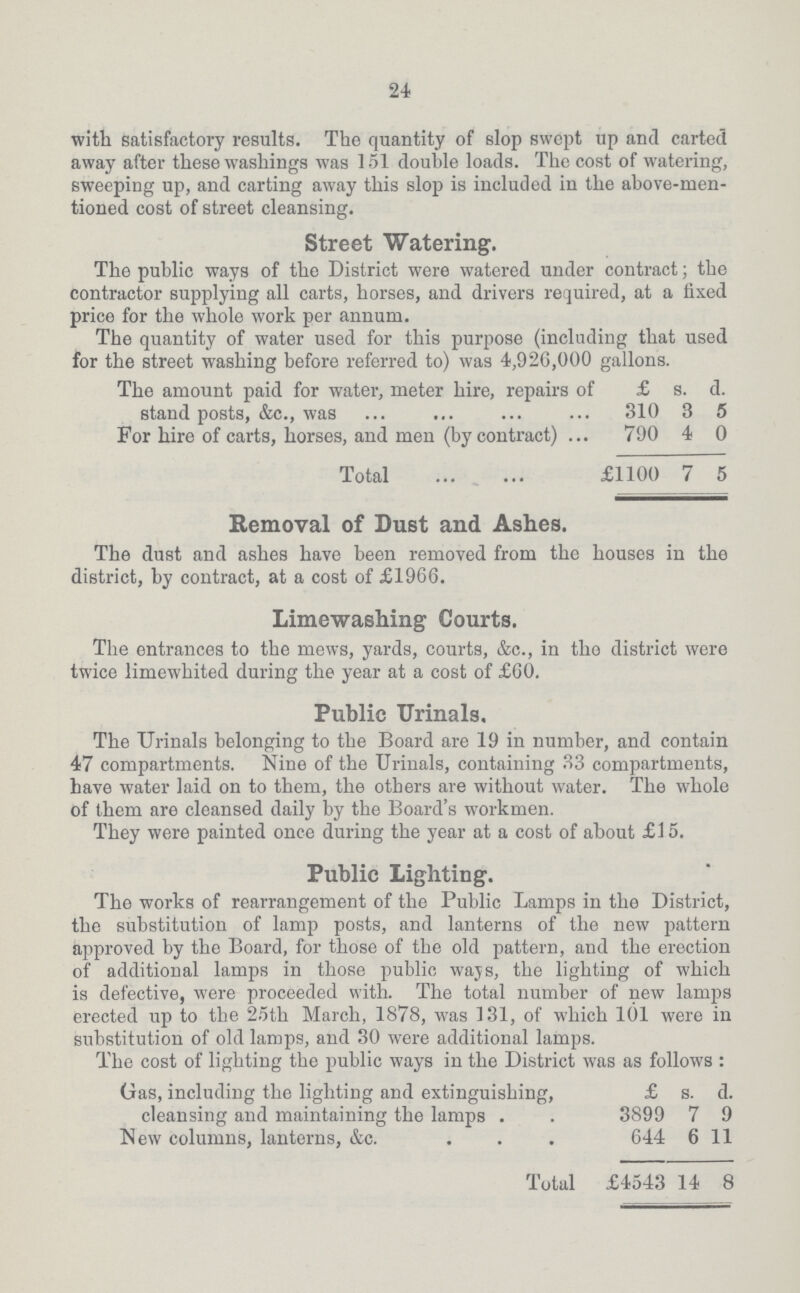 24 with satisfactory results. The quantity of slop swept up and carted away after these washings was 151 double loads. The cost of watering, sweeping up, and carting away this slop is included in the above-men tioned cost of street cleansing. Street Watering. The public ways of the District were watered under contract; the contractor supplying all carts, horses, and drivers required, at a fixed price for the whole work per annum. The quantity of water used for this purpose (including that used for the street washing before referred to) was 4,926,000 gallons. The amount paid for water, meter hire, repairs of £ s. d. stand posts, &c., was 310 3 5 For hire of carts, horses, and men (by contract) 790 4 0 Total £1100 7 5 Removal of Dust and Ashes. The dust and ashes have been removed from the houses in the district, by contract, at a cost of £1966. Limewashing Courts. The entrances to the mews, yards, courts, &c., in the district were twice limewhited during the year at a cost of £60. Public Urinals. The Urinals belonging to the Board are 19 in number, and contain 47 compartments. Nine of the Urinals, containing 33 compartments, have water laid on to them, the others are without water. The whole of them are cleansed daily by the Board's workmen. They were painted once during the year at a cost of about £15. Public Lighting. The works of rearrangement of the Public Lamps in the District, the substitution of lamp posts, and lanterns of the new pattern approved by the Board, for those of the old pattern, and the erection of additional lamps in those public ways, the lighting of which is defective, were proceeded with. The total number of new lamps erected up to the 25th March, 1878, was 131, of which 101 were in substitution of old lamps, and 30 were additional lamps. The cost of lighting the public ways in the District was as follows : Gas, including the lighting and extinguishing, £ s. d. cleansing and maintaining the lamps 3899 7 9 New columns, lanterns, &c. 644 6 11 Total £4543 14 8