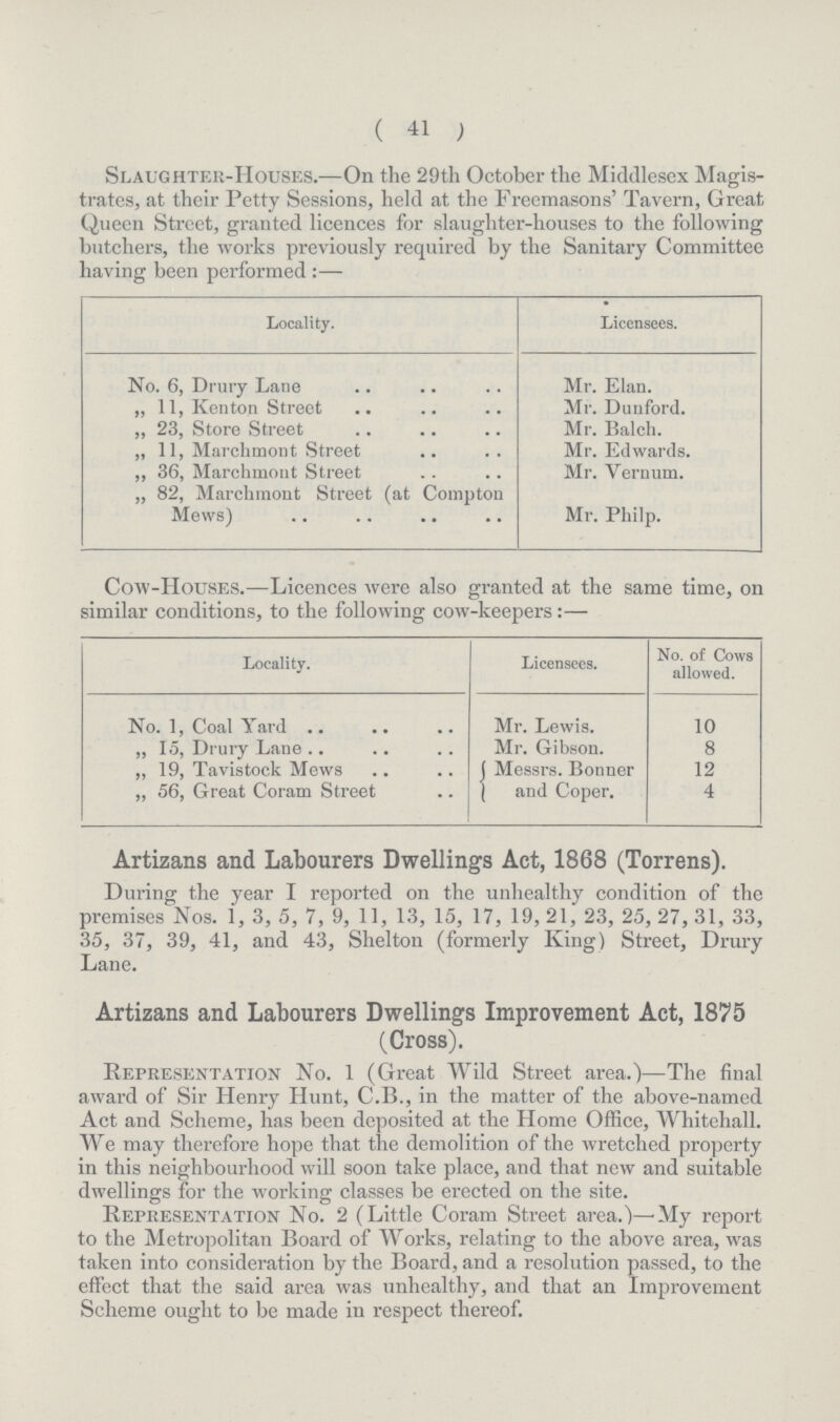 ( 41 ) Slaughter-Houses.—On the 29th October the Middlesex Magis trates, at their Petty Sessions, held at the Freemasons' Tavern, Great Queen Street, granted licences for slaughter-houses to the following butchers, the works previously required by the Sanitary Committee having been performed:— Locality. No. 6, Drury Lane „ 11, Kenton Street „ 23, Store Street „ 11, Marchmont Street ,, 36, Marchmont Street „ 82, Marchmont Street (at Compton Mews) Licensees. Mr. Elan. Mr. Dunford. Mr. Balch. Mr. Edwards. Mr. Yernum. Mr. Philp. Cow-Houses.—Licences were also granted at the same time, on similar conditions, to the following cow-keepers:— Locality. Licensees. No. of Cows allowed. No. 1, Coal Yard Mr. Lewis. 10 ,, 15, Drury Lane Mr. Gibson. 8 „ 19, Tavistock Mews Messrs. Bonner and Coper. 12 „ 56, Great Coram Street 4 Artizans and Labourers Dwellings Act, 1868 (Torrens). During the year I reported on the unhealthy condition of the premises Nos. 1, 3, 5, 7, 9, 11, 13, 15, 17, 19, 21, 23, 25, 27, 31, 33, 35, 37, 39, 41, and 43, Shelton (formerly King) Street, Drury Lane. Artizans and Labourers Dwellings Improvement Act, 1875 (Cross). Representation No. 1 (Great Wild Street area.)—The final award of Sir Henry Hunt, C.B., in the matter of the above-named Act and Scheme, has been deposited at the Home Office, Whitehall. We may therefore hope that the demolition of the wretched property in this neighbourhood will soon take place, and that new and suitable dwellings for the working classes be erected on the site. Representation No. 2 (Little Coram Street area.)—My report to the Metropolitan Board of Works, relating to the above area, was taken into consideration by the Board, and a resolution passed, to the effect that the said area was unhealthy, and that an Improvement Scheme ought to be made in respect thereof.