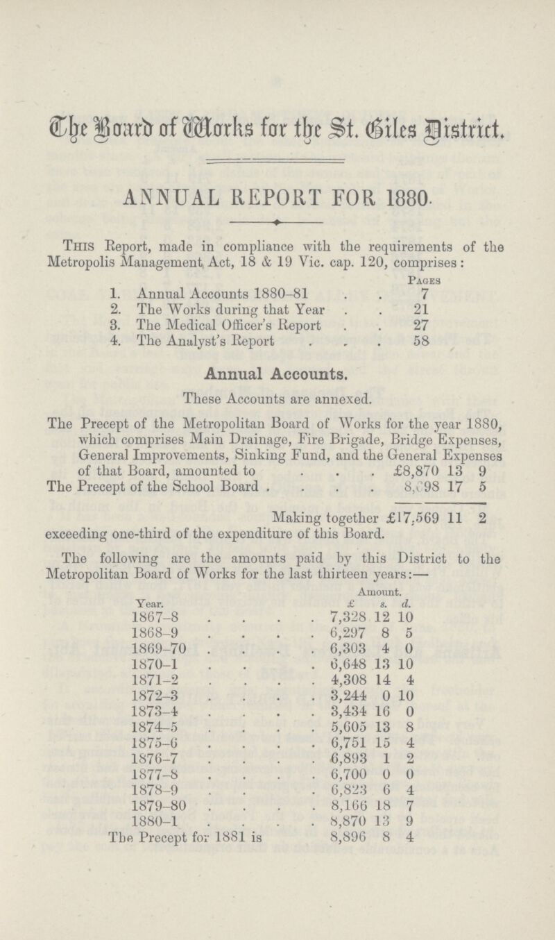 The board of Works for the St. biles district. ANNUAL REPORT FOR 1880. This Report, made in compliance with the requirements of the Metropolis Management Act, 18 & 19 Yic. cap. 120, comprises: Pages 1. Annual Accounts 1880-81 7 2. The Works during that Year 21 3. The Medical Officer's Report 27 4. The Analyst's Report 58 Annual Accounts. These Accounts are annexed. The Precept of the Metropolitan Board of Works for the year 1880, which comprises Main Drainage, Fire Brigade, Bridge Expenses, General Improvements, Sinking Fund, and the General Expenses of that Board, amounted to £8,870 13 9 The Precept of the School Board .... 8/98 17 5 Making together £17,569 11 2 exceeding one-third of the expenditure of this Board. The following are the amounts paid by this District to the Metropolitan Board of Works for the last thirteen years:— Year. Amount. £ S. d. 1867-8 7,328 12 10 1868-9 6,297 8 5 1869-70 6,303 4 0 1870-1 6,648 13 10 1871-2 4,308 14 4 1872-3 3,244 0 10 1873-4 3,434 16 0 1874-5 5,605 13 8 1875-6 6,751 15 4 1876-7 6,893 1 2 1877-8 6,700 0 0 1878-9 6,823 6 4 1879-80 8,166 18 7 1880-1 8,870 13 9 The Precept for 1881 is 8,896 8 4