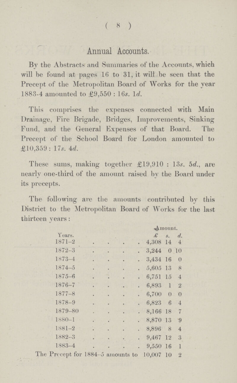 ( 8 ) Annual Accounts. By the Abstracts and Summaries of the Accounts, which will be found at pages 16 to 31, it will be seen that the Precept of the Metropolitan Board of Works for the year 1883-4 amounted to £9,550 : 16s. 1d. This comprises the expenses connected with Main Drainage, Fire Brigade, Bridges, Improvements, Sinking Fund, and the General Expenses of that Board. The Precept of the School Board for London amounted to £10,359 : 17s. 4d. These sums, making together £19,910 : 13s. 5d., are nearly one-third of the amount raised by the Board under its precepts. The following are the amounts contributed by this District to the Metropolitan Board of Works for the last thirteen years: Years. Amount. £ s. d. 1871-2 4,308 14 4 1872-3 3,244 0 10 1873-4 3,434 16 0 1874-5 5,605 13 8 1875-6 6,751 15 4 1876-7 6,893 1 2 1877-8 6,700 0 0 1878-9 6,823 6 4 1879-80 8,166 18 7 1880-1 8,870 13 9 1881-2 8,896 8 4 1882-3 9,467 12 3 1883-4 9,550 16 1 The Prccept for 1884-5 amounts to 10,007 10 2