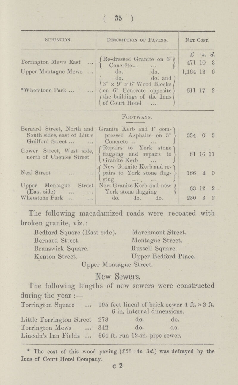 ( 35 ) Situation. Description of Paving. Net Cost. £ s. d. Torrington Mews East Re-dressed Granite on 6 Concrete 471 10 3 Upper Montague Mews do. do. 1,164 13 6 * Whetstone Park do. do. and 611 17 2 3 x 9 x 6 Wood Blocks on 6 Concrete opposite the buildings of the Inns of Court Hotel Footways. Bernard Street, North and South sides, east of Little Guilford Street Granite Kerb and 1 com pressed Asphalte on 3 Concrete 334 0 3 Gower Street, West side, north of Chenies Street Repairs to York stone flagging and repairs to Granite Kerb 61 16 11 Neal Street New Granite Kerb and re pairs to York stone flag ging 166 4 0 Upper Montague Street (East side) New Granite Kerb and new York stone flagging 63 12 2 Whetstone Park do. do. do. 230 3 2 The following macadamized roads were recoated with broken granite, viz.: Bedford Square (East side). Marchmont Street. Bernard Street. Montague Street. Brunswick Square. Russell Square. Kenton Street. Upper Bedford Place. Upper Montague Street. New Sewers. The following lengths of new sewers were constructed during the year:— Torrington Square 195 feet lineal of brick sewer 4 ft. x2 ft. 6 in. internal dimensions. Little Torrington Street 278 do. do. Torrington Mews 342 do. do. Lincoln's Inn Fields 664 ft. run 12-in. pipe sewer. * The cost of this wood paving (£56: 4f. 3d.) was defrayed by the Inns of Court Hotel Company. c 2